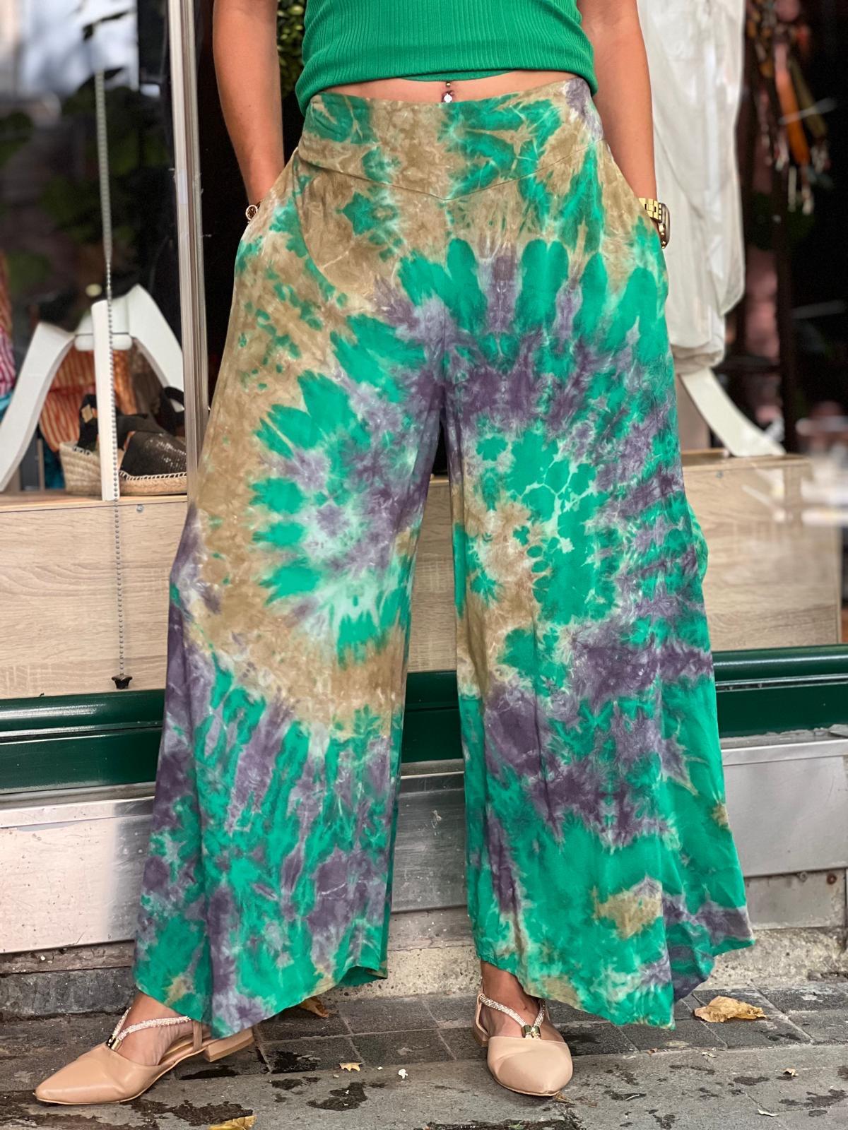 Yeşil Batik Yırtmaçlı Pantolon