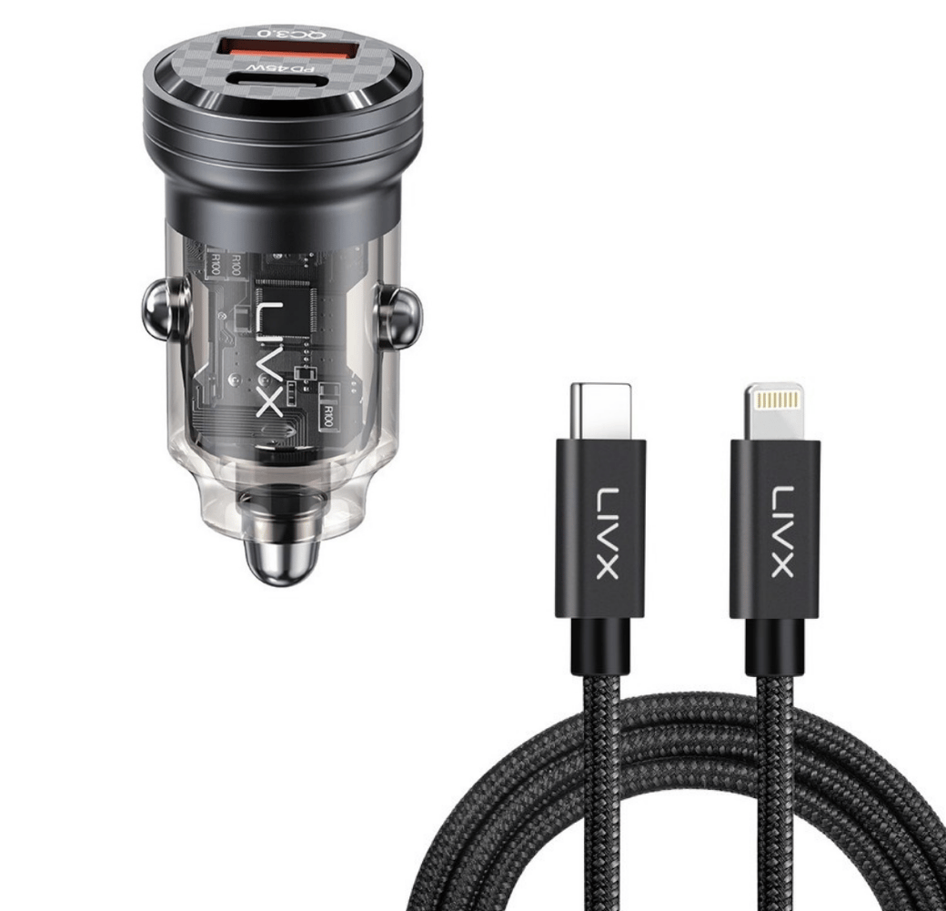LivX Transparent 45W PD/QC Mini Araç şarj Cihazı ve 3 Metre iPhone Hızlı Şarj Kablosu