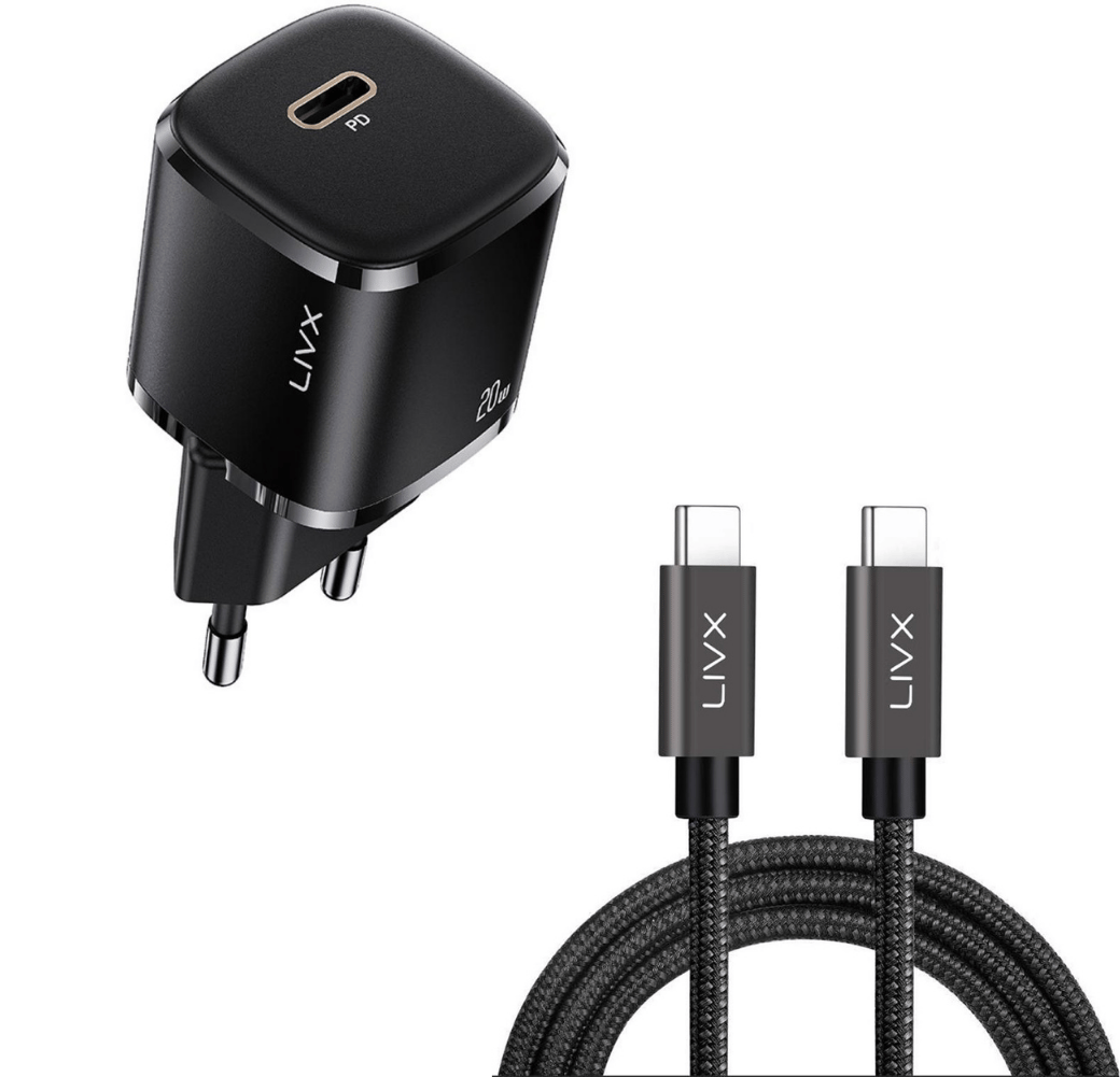 LivX Rapid 20W USB-C Mini PD Hızlı Şarj Cihazı Güç Adaptörü ve  2 Metre Hızlı Şarj ve Data Kablosu