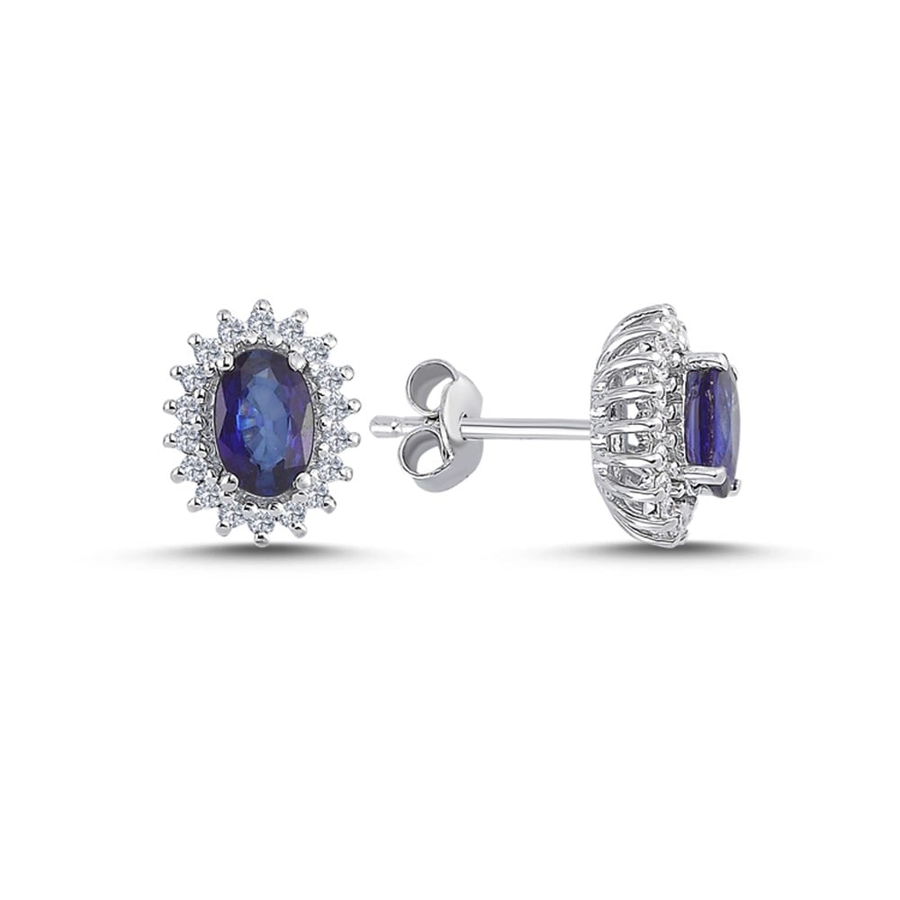 0.29 Karat Pırlanta Oval Safir Anturaj Küpe