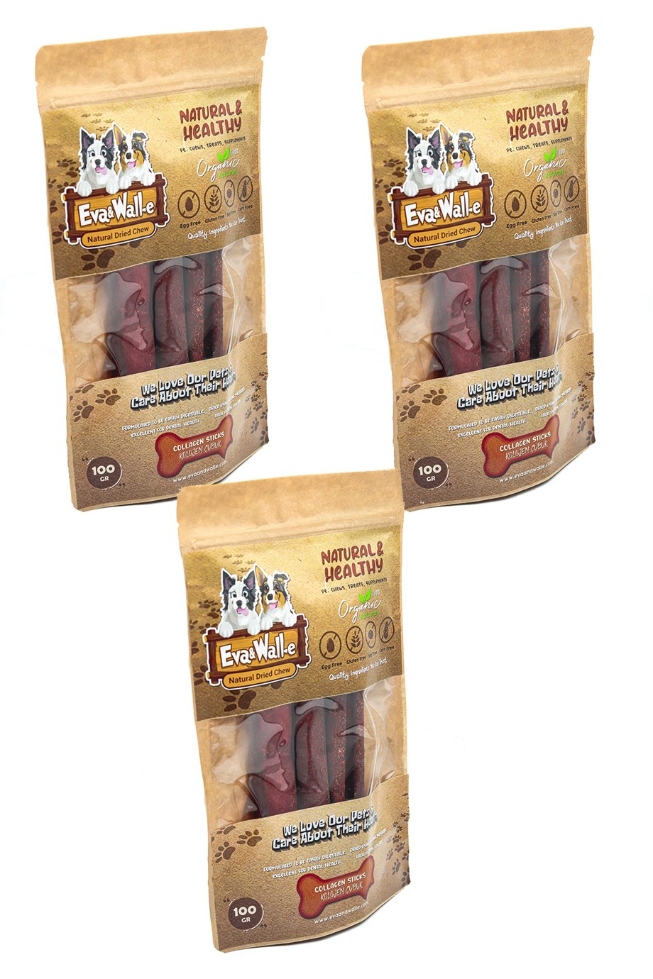Eva and Wall-E Köpek Ödülü Köpek Kemiği Kolajen Çubuklar  Avantajlı Paket 3' lü Set 300 Gr Özel Seri