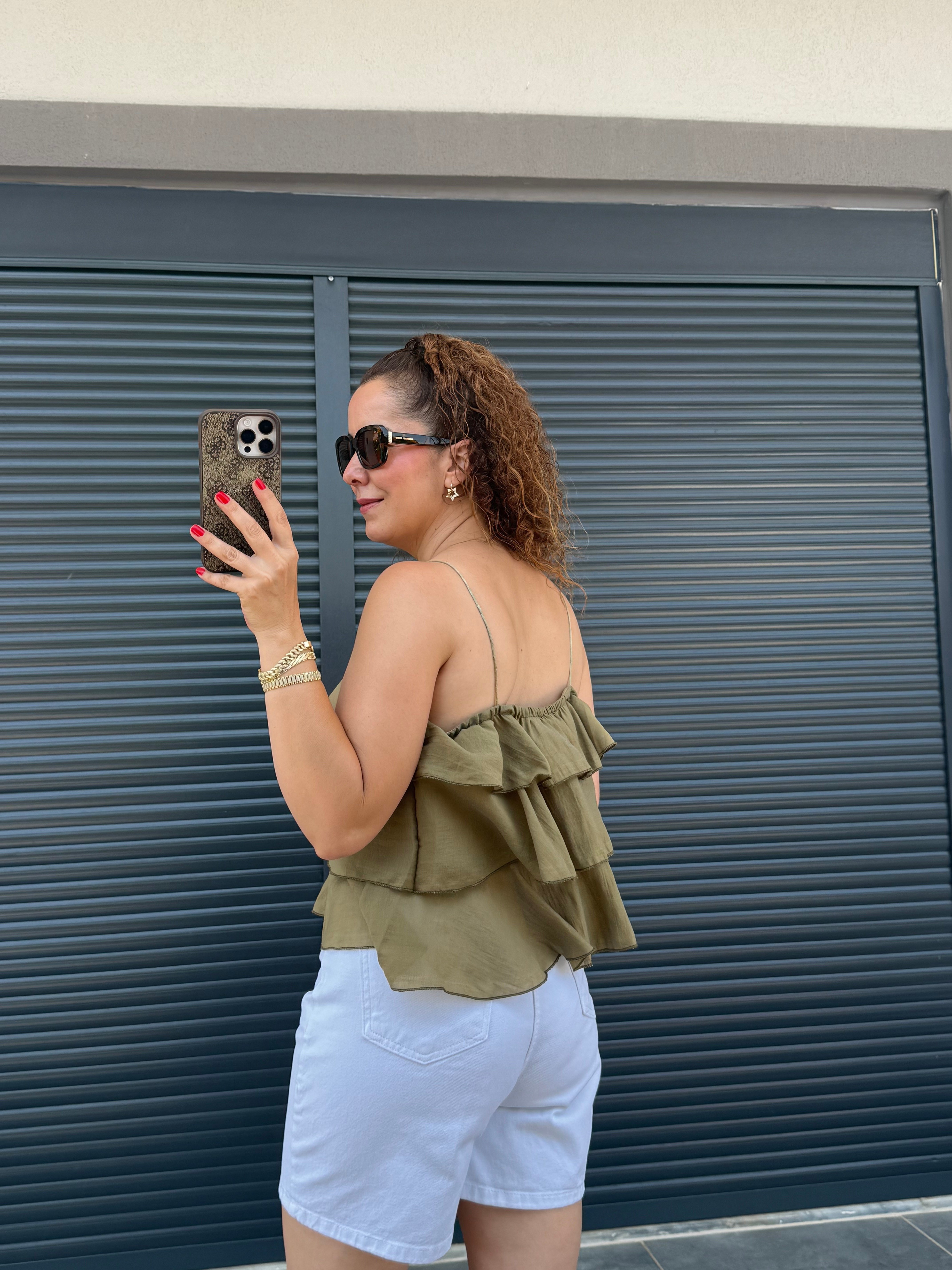 Askılı Fırfırlı Bluz Olive