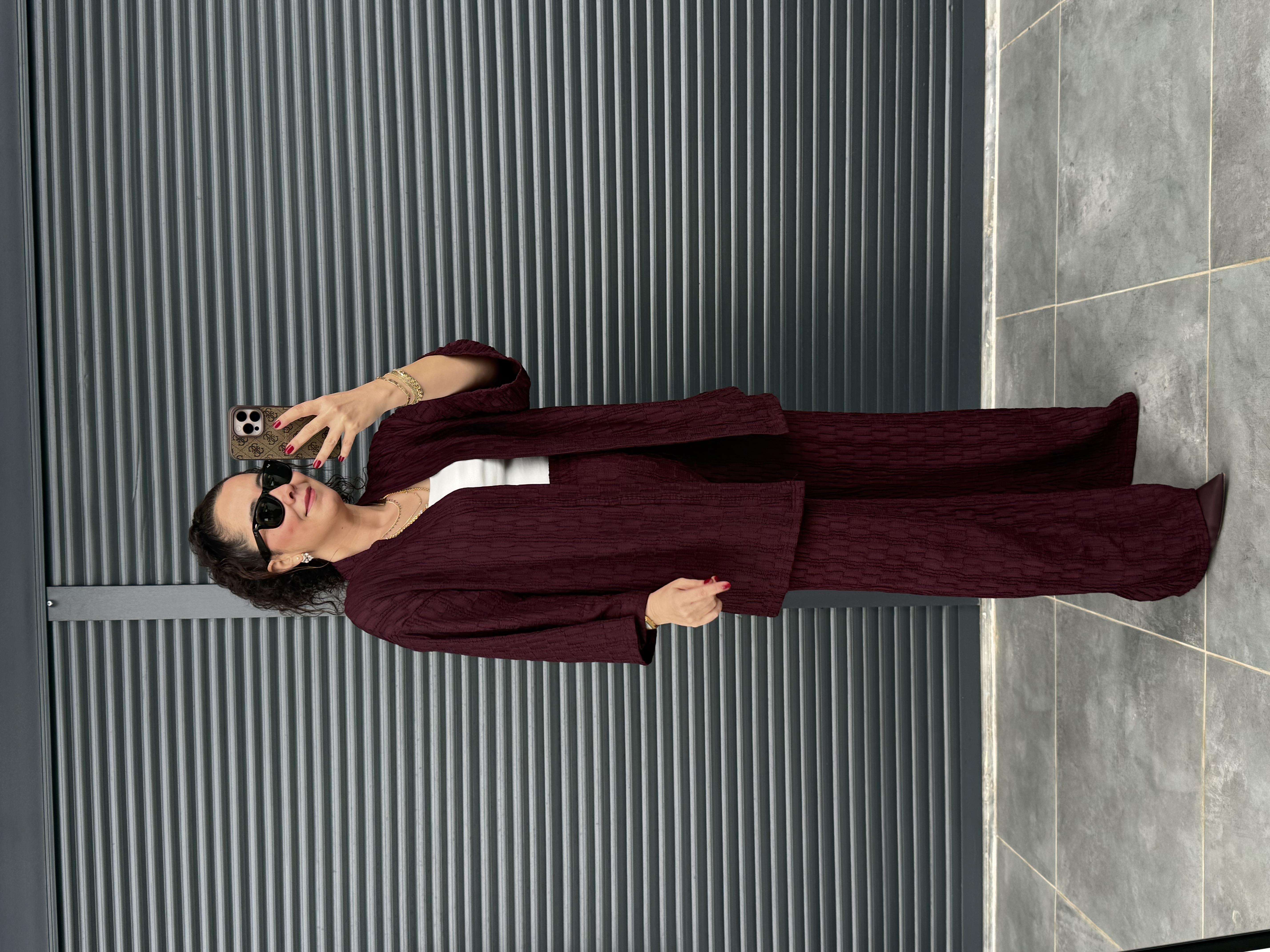 Bürümcük Kumaş Kimono Pantolon Takım Mürdüm