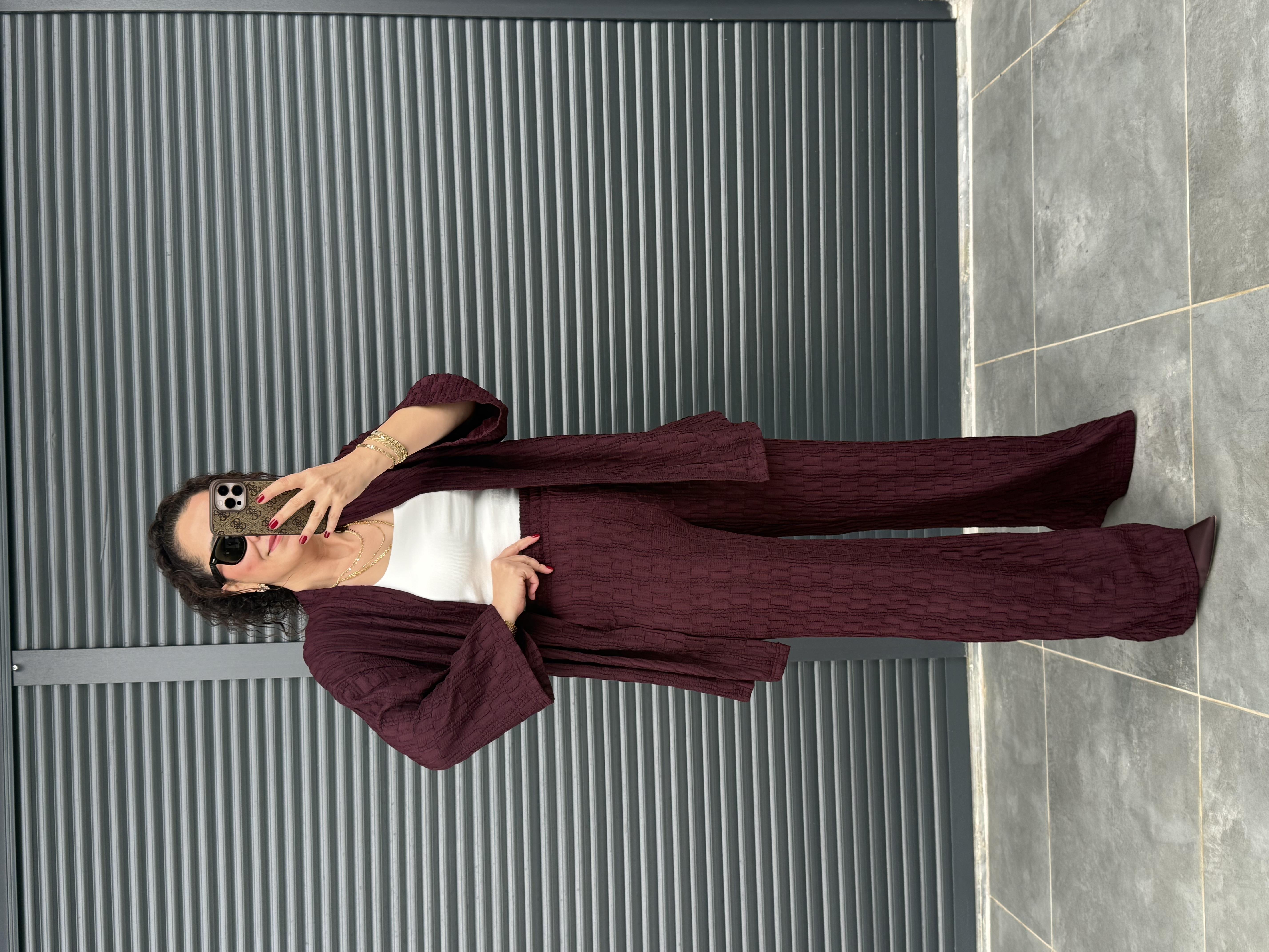 Bürümcük Kumaş Kimono Pantolon Takım Mürdüm