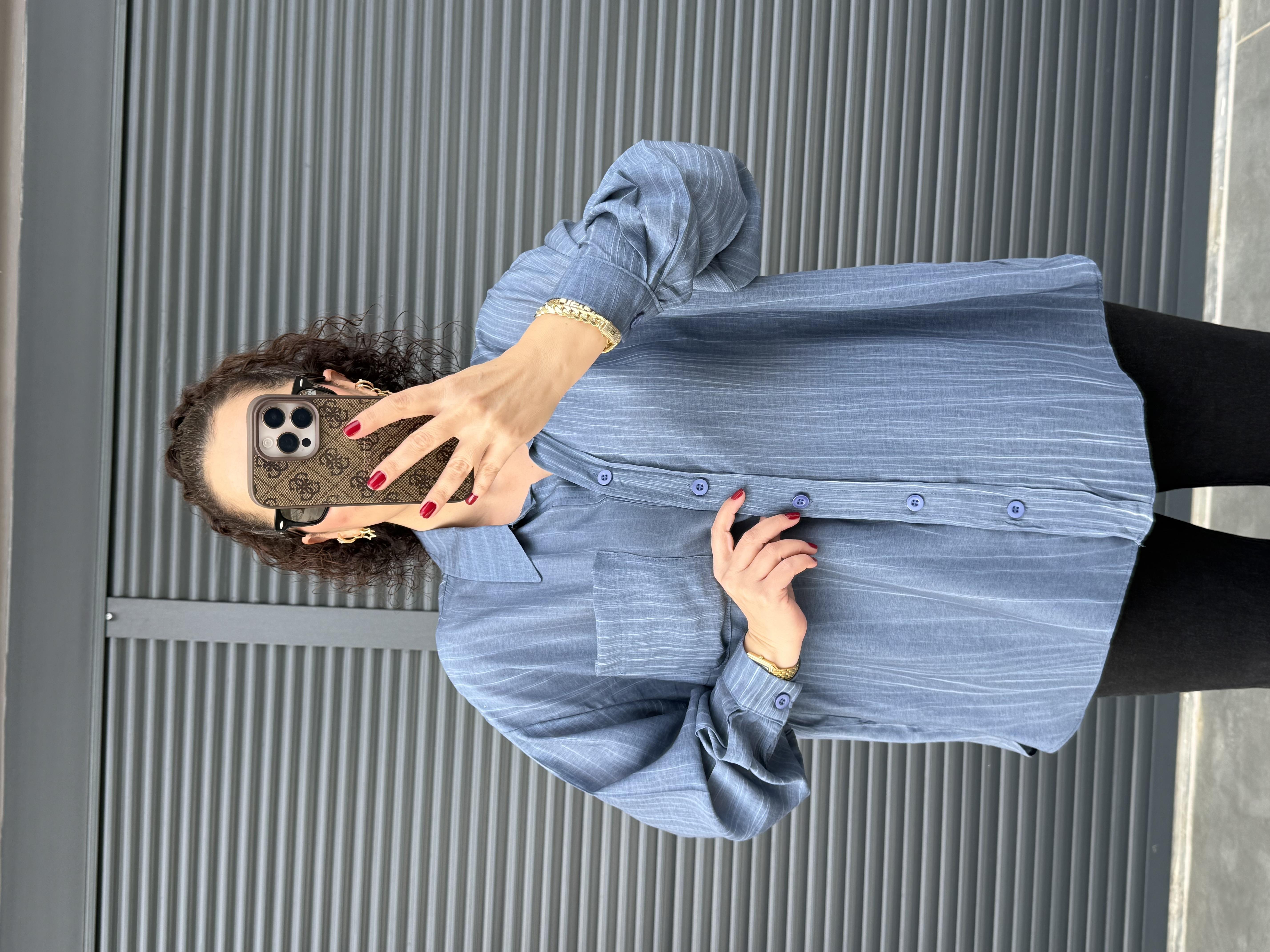 Cepli Oversize Gömlek İndigo