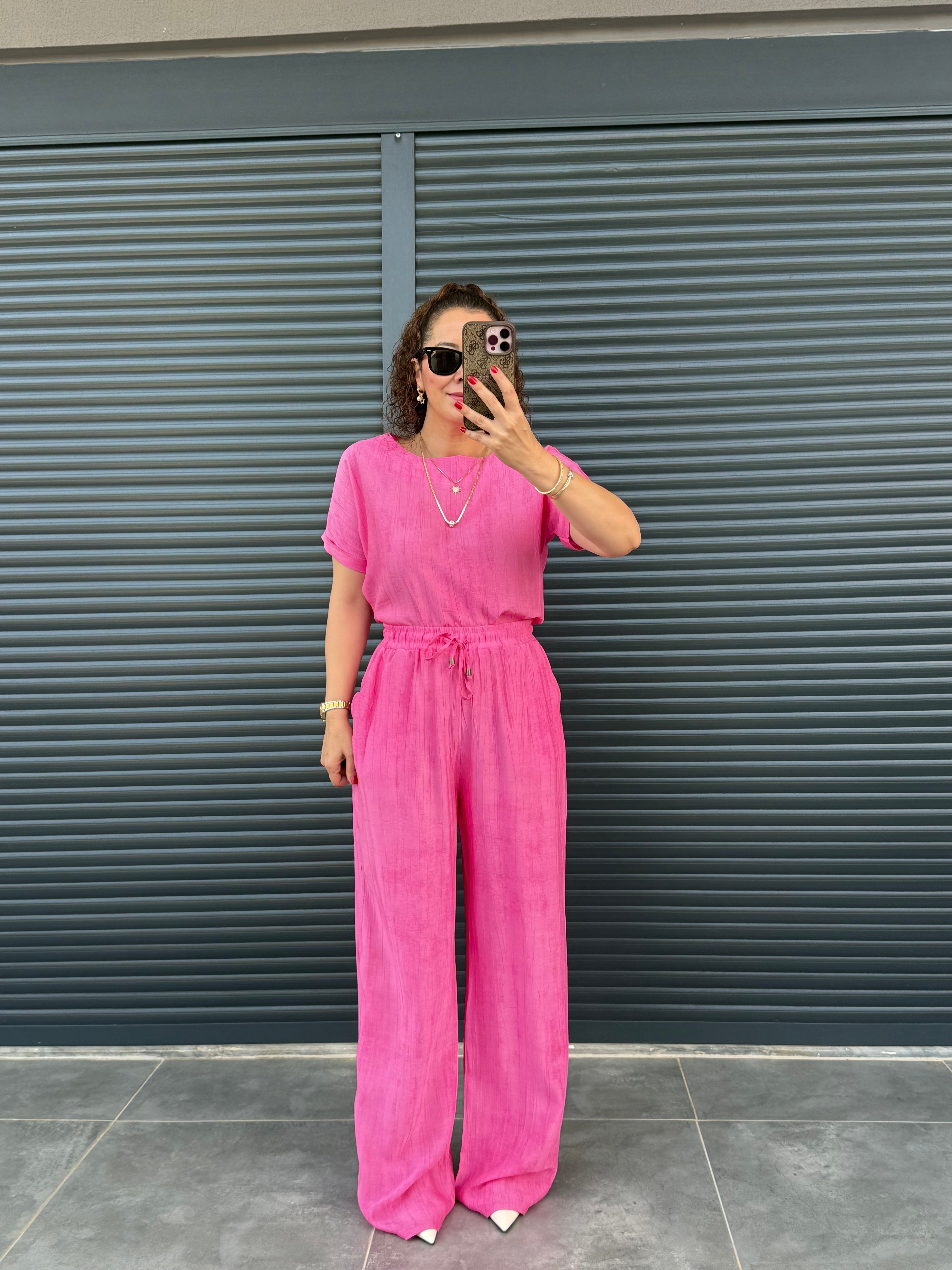 Çilek Kumaş Pantolon Bluz Takım Pembe
