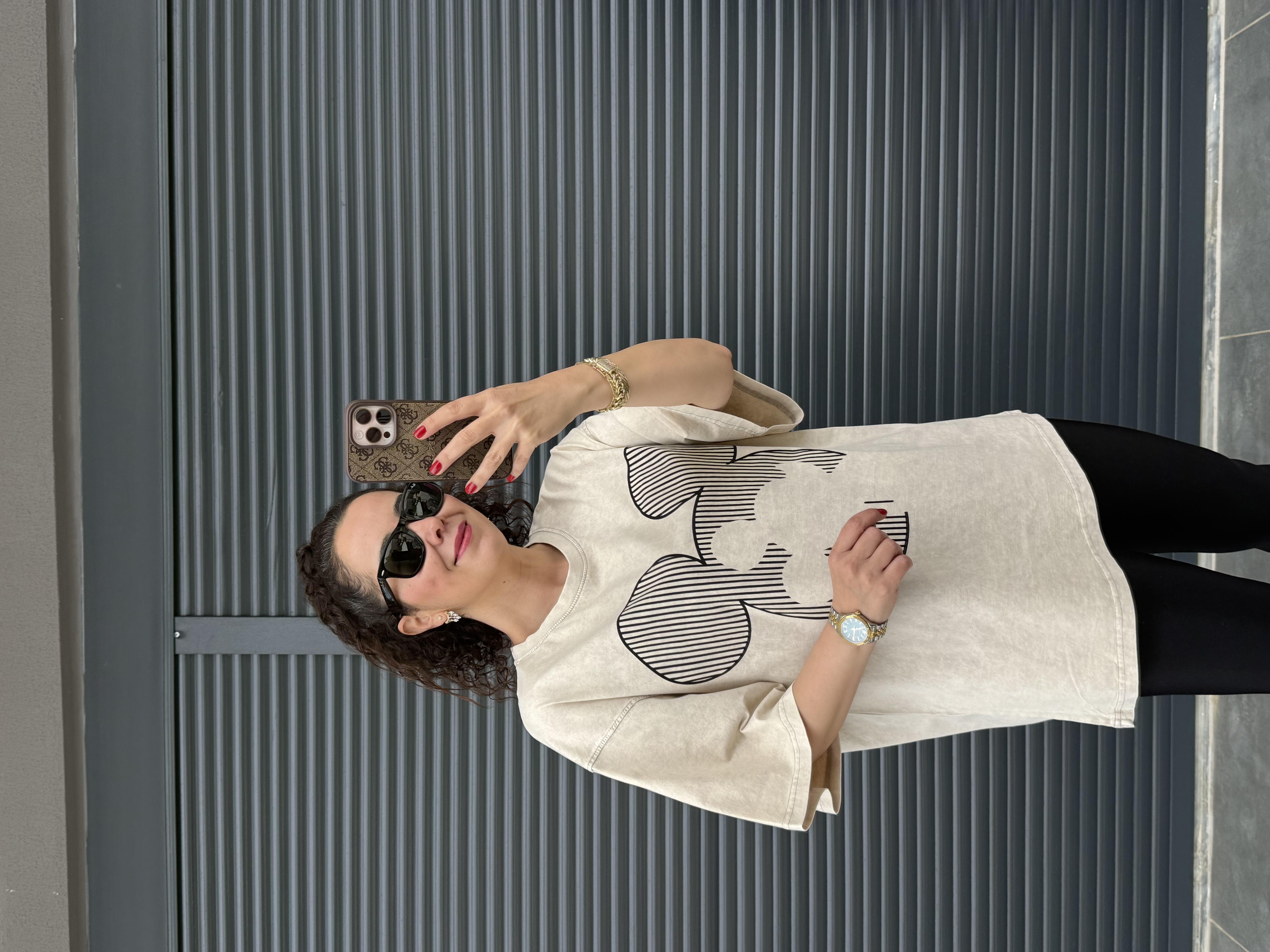 Çizgili Mickey Eskitme Oversize T-shirt