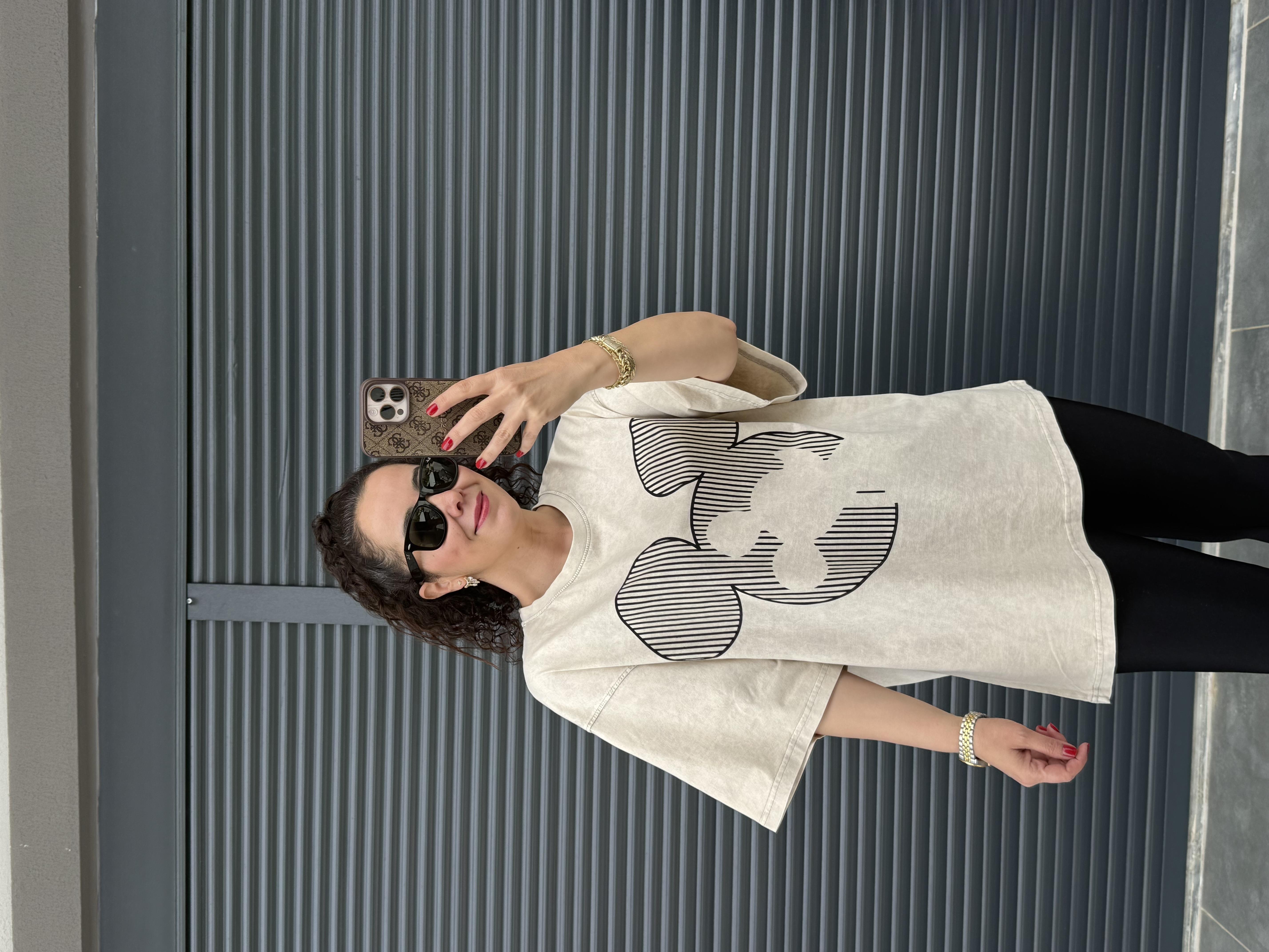 Çizgili Mickey Eskitme Oversize T-shirt
