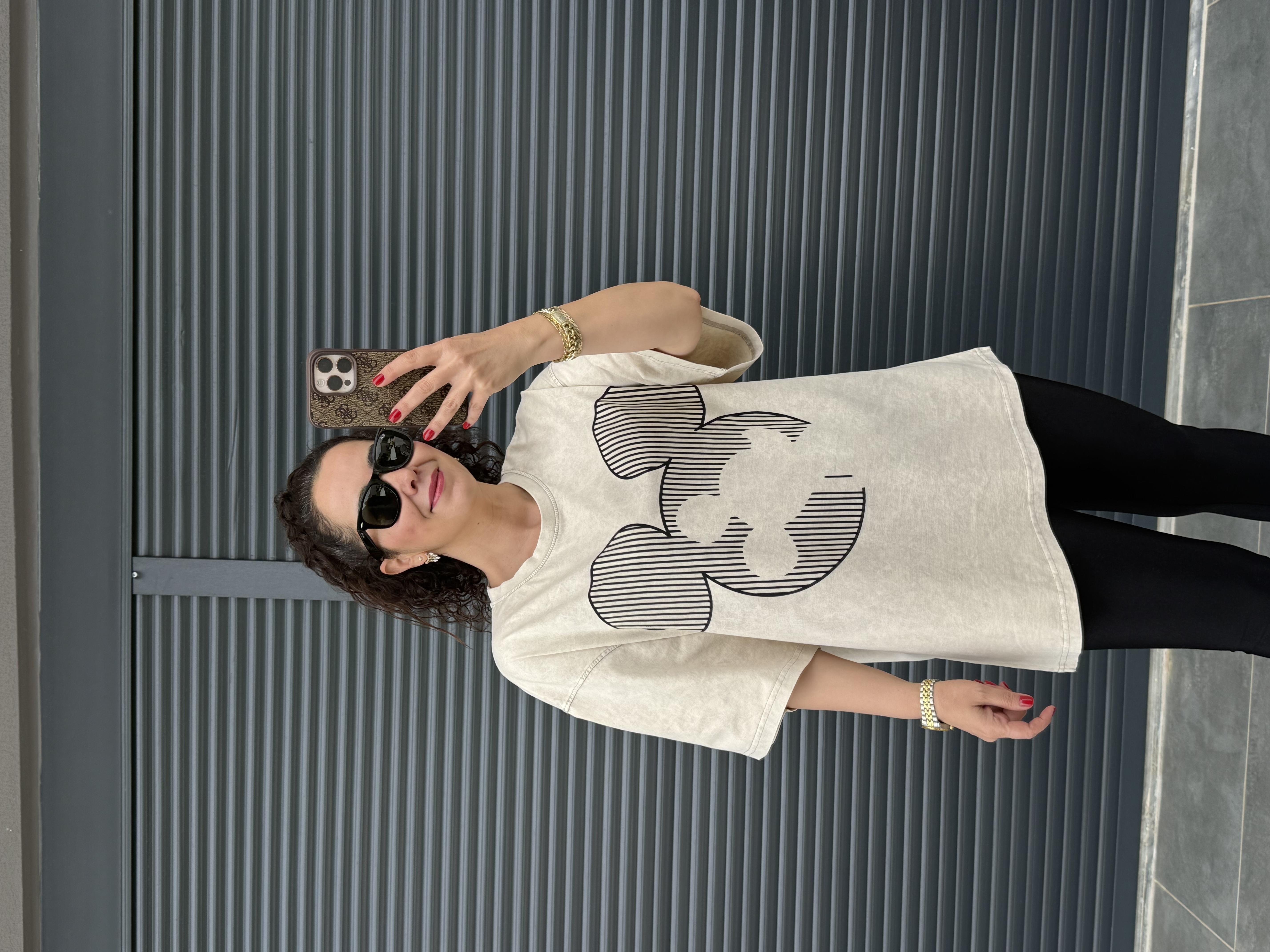 Çizgili Mickey Eskitme Oversize T-shirt