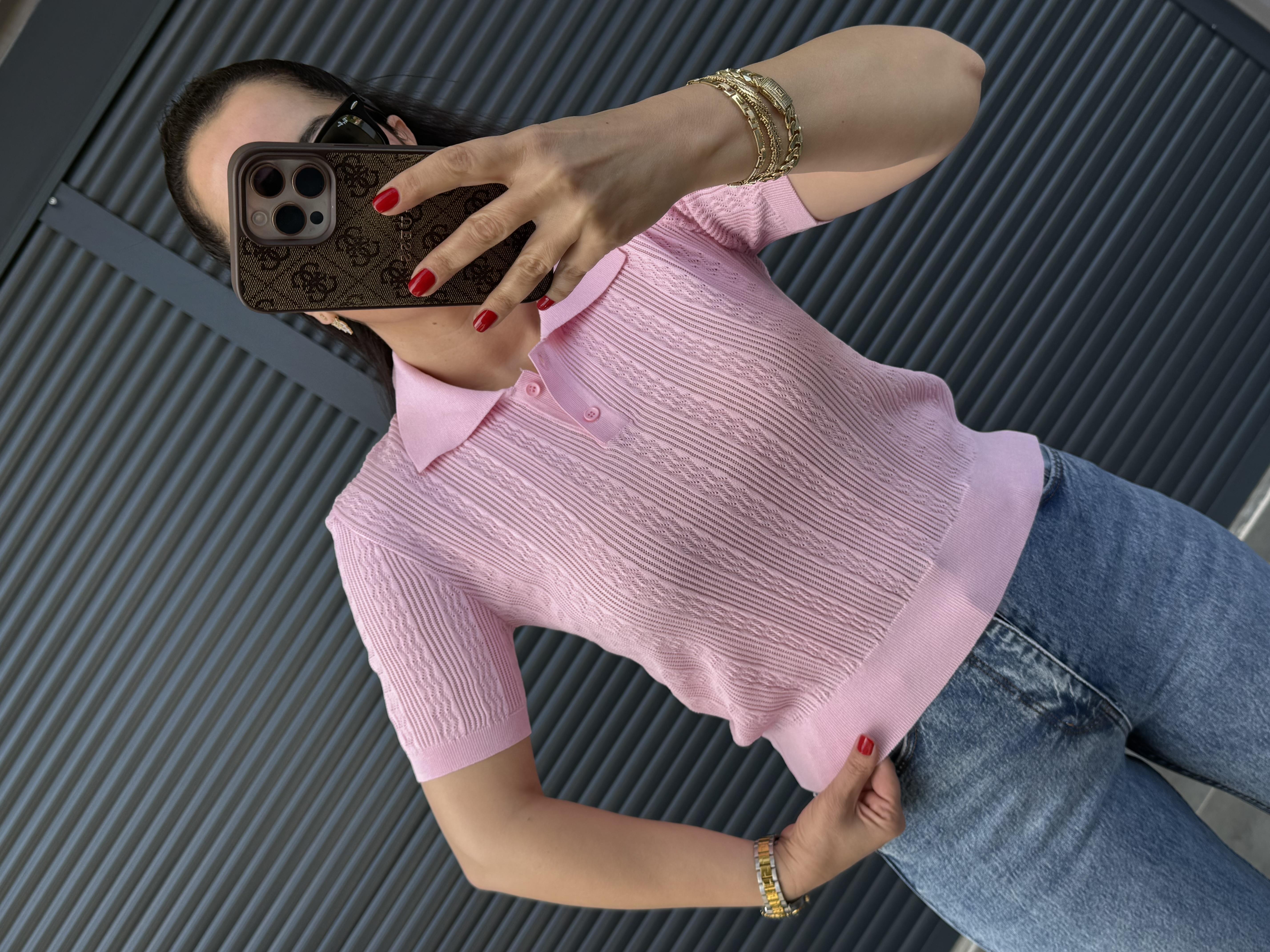 Dilvin Ajurlu Polo Yaka Bluz Pembe
