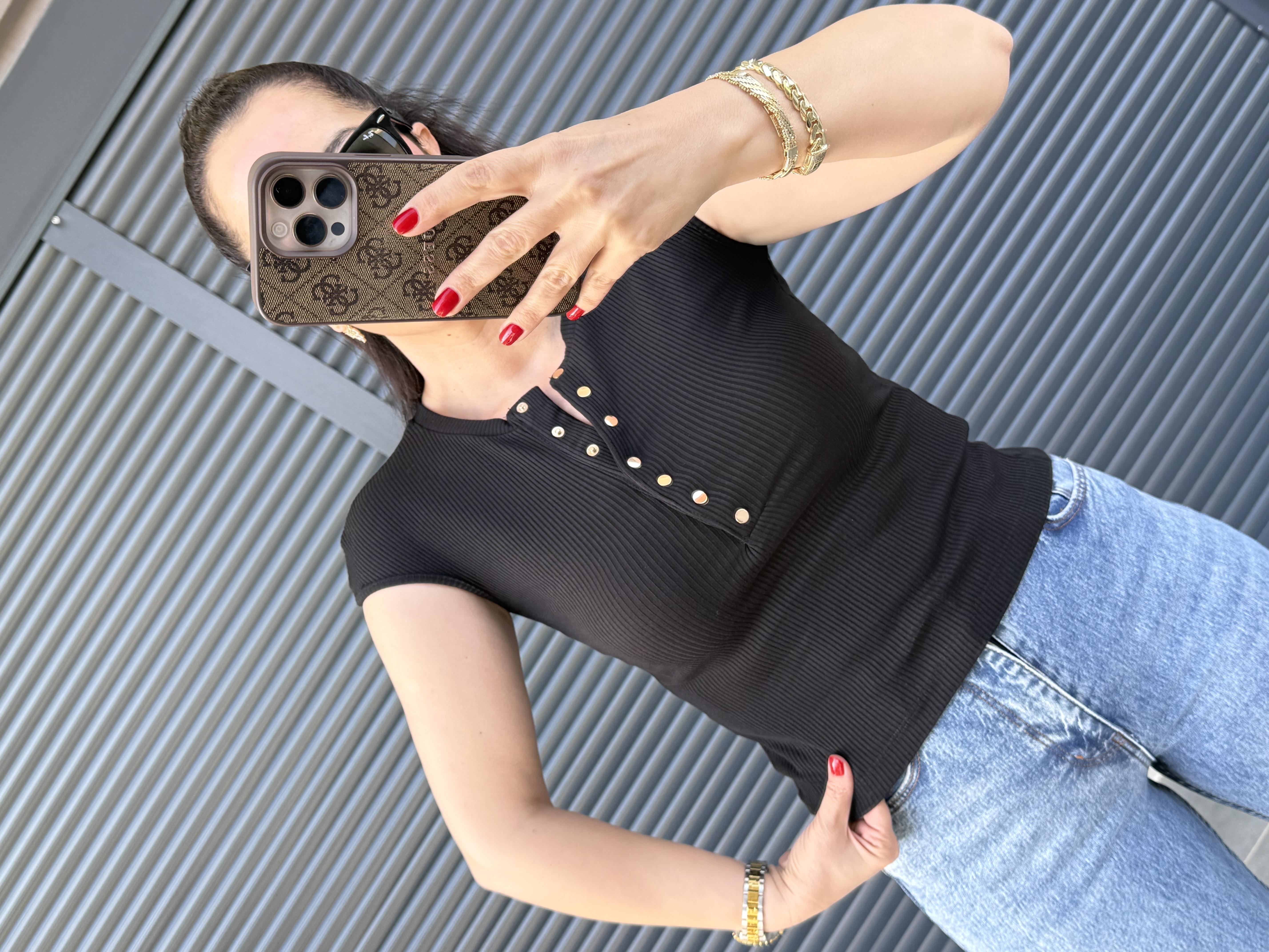 Dilvin Gold Çıtçıtlı Bluz Siyah