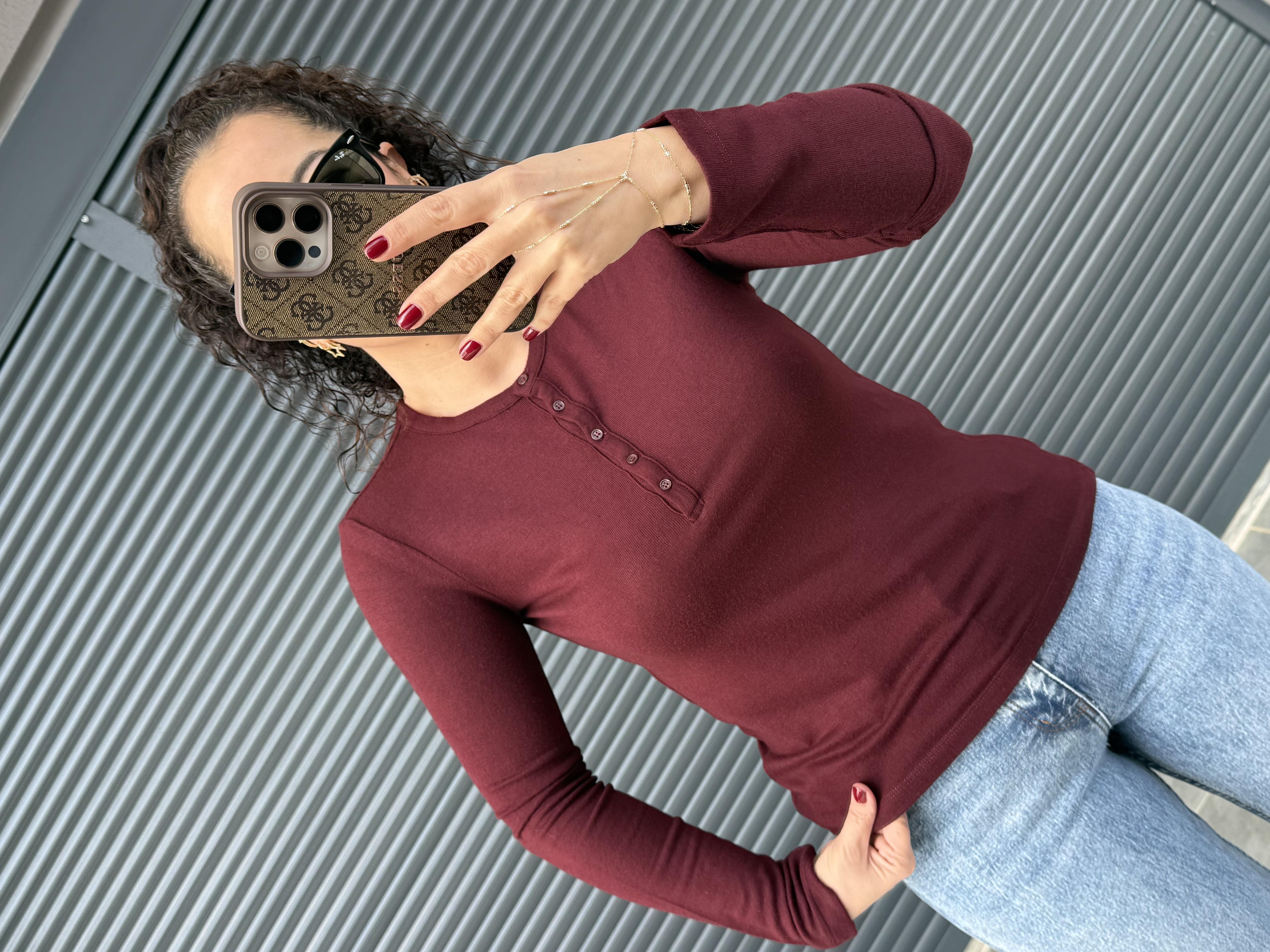 Dilvin Önü Düğmeli İnce Triko Bluz Bordo