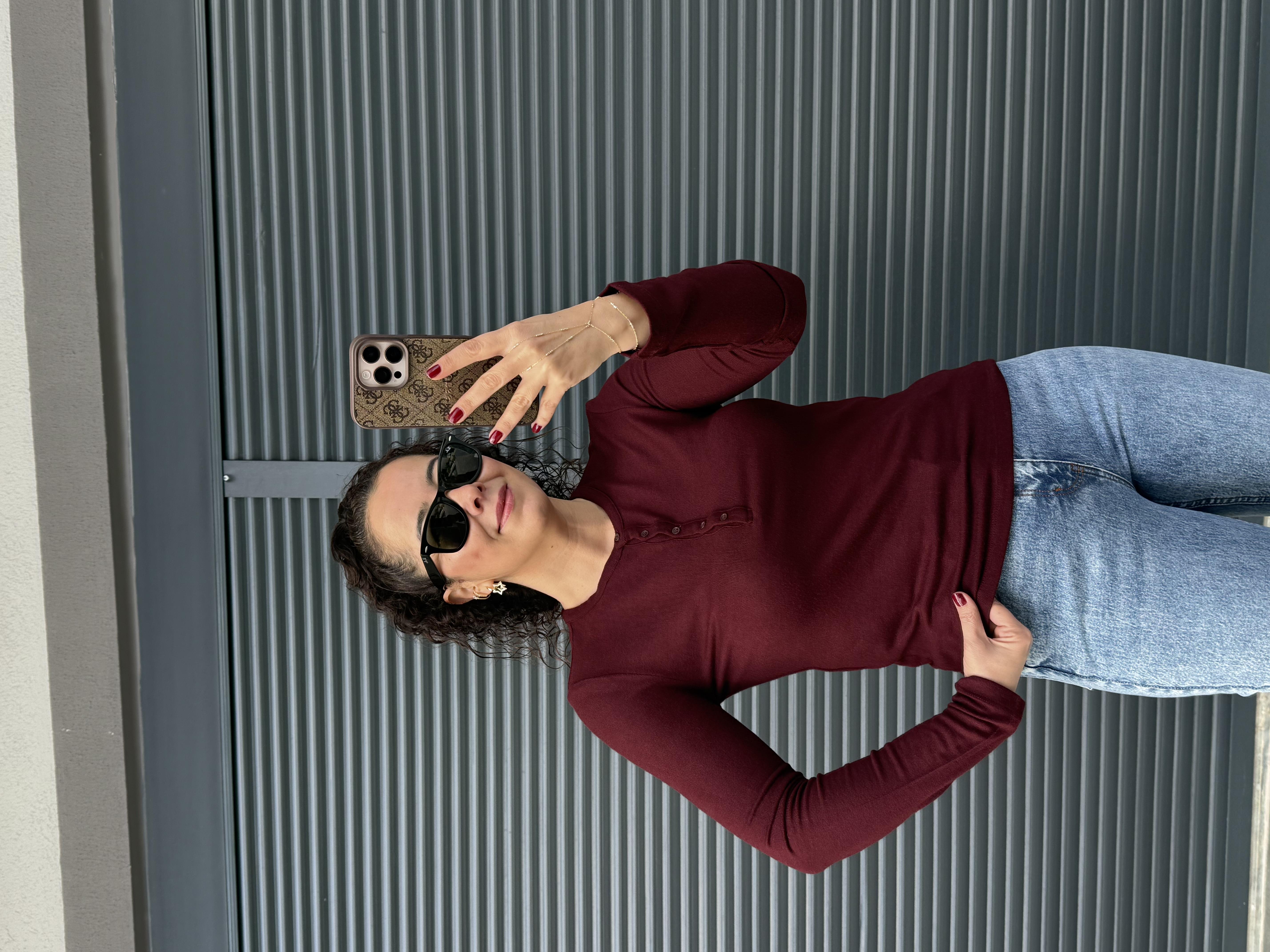 Dilvin Önü Düğmeli İnce Triko Bluz Bordo