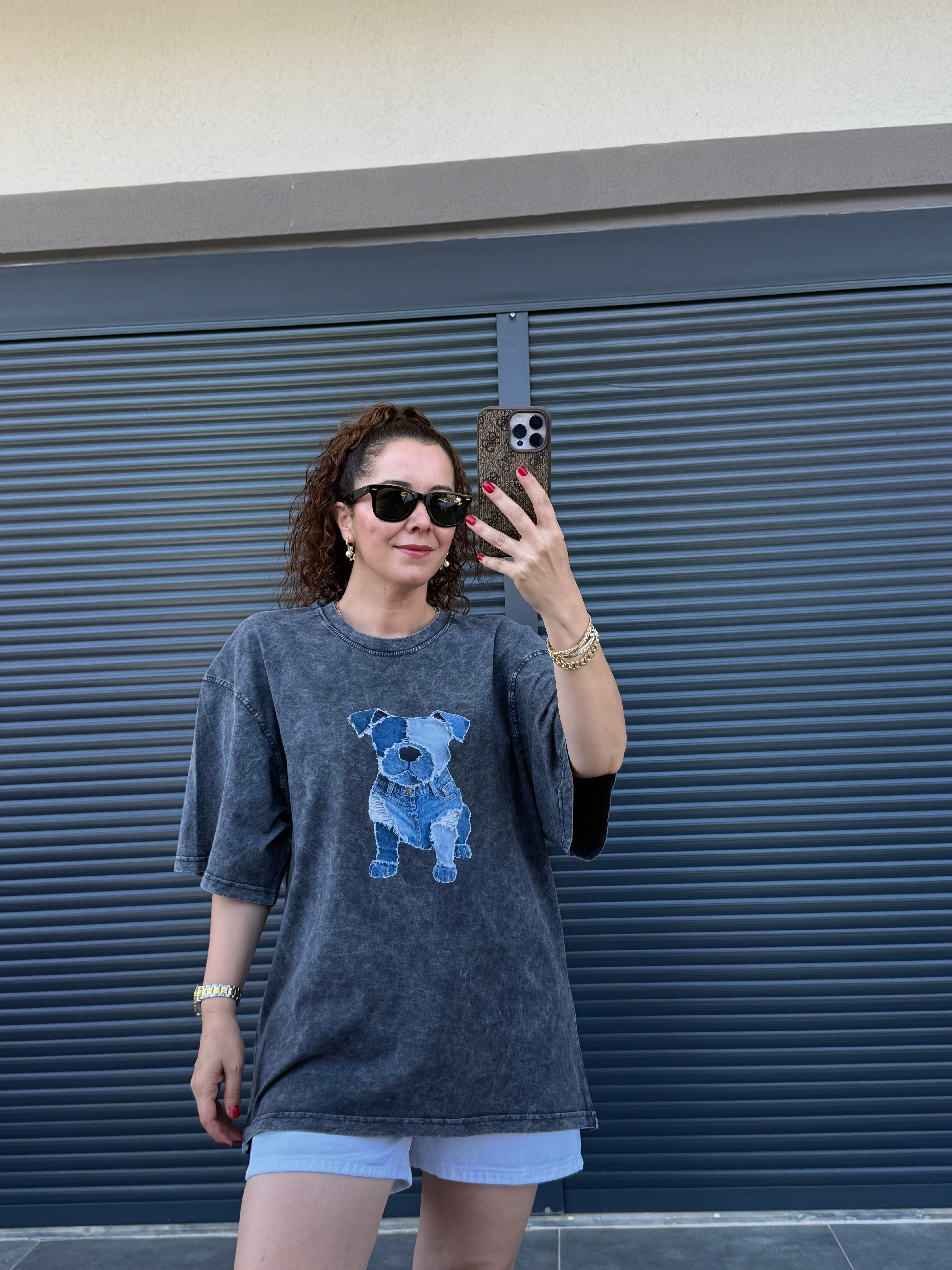 Eskitme Dog Oversize T-shirt Antrasit