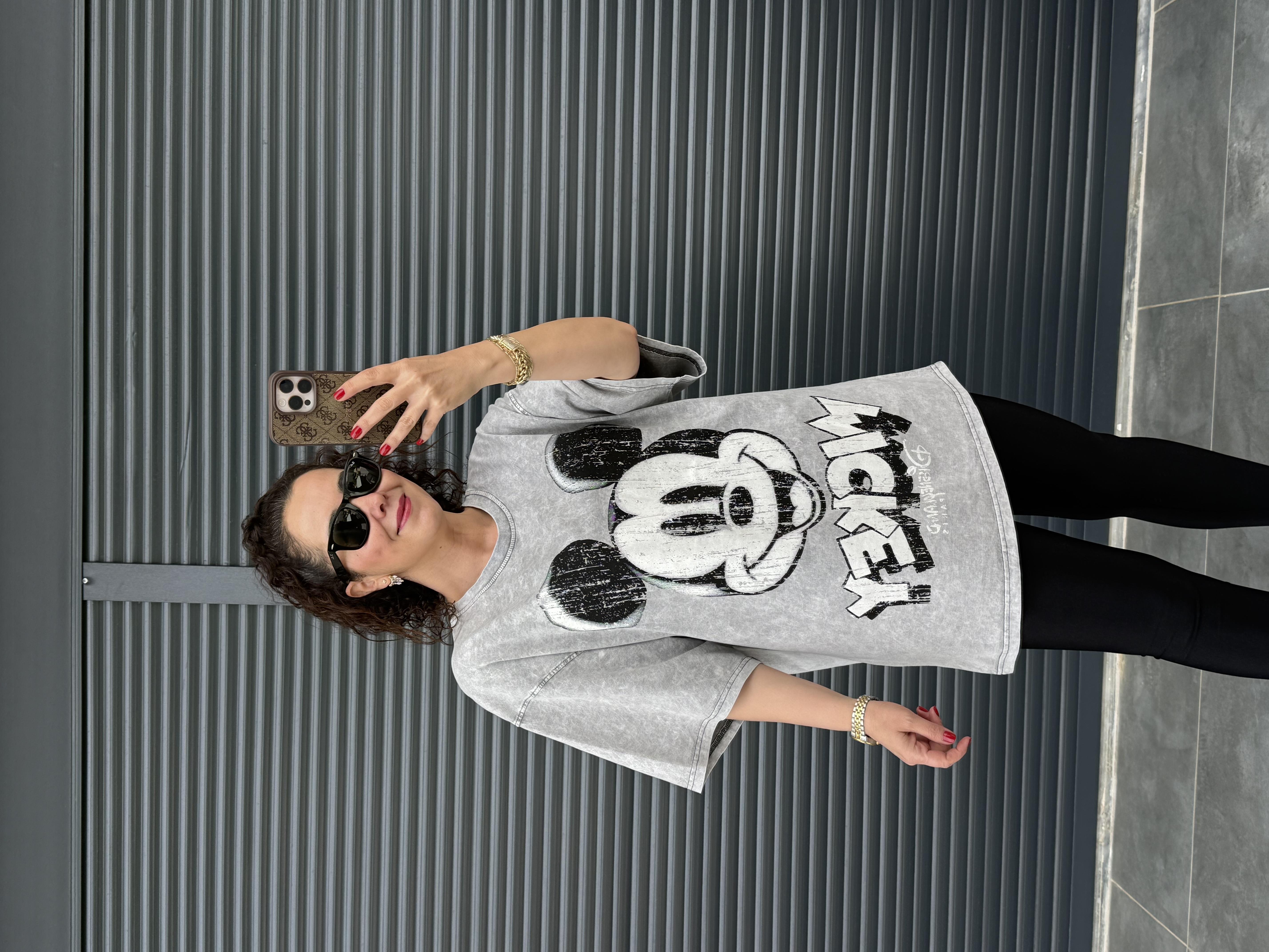 Eskitme Mickey Oversize T-shirt Gri