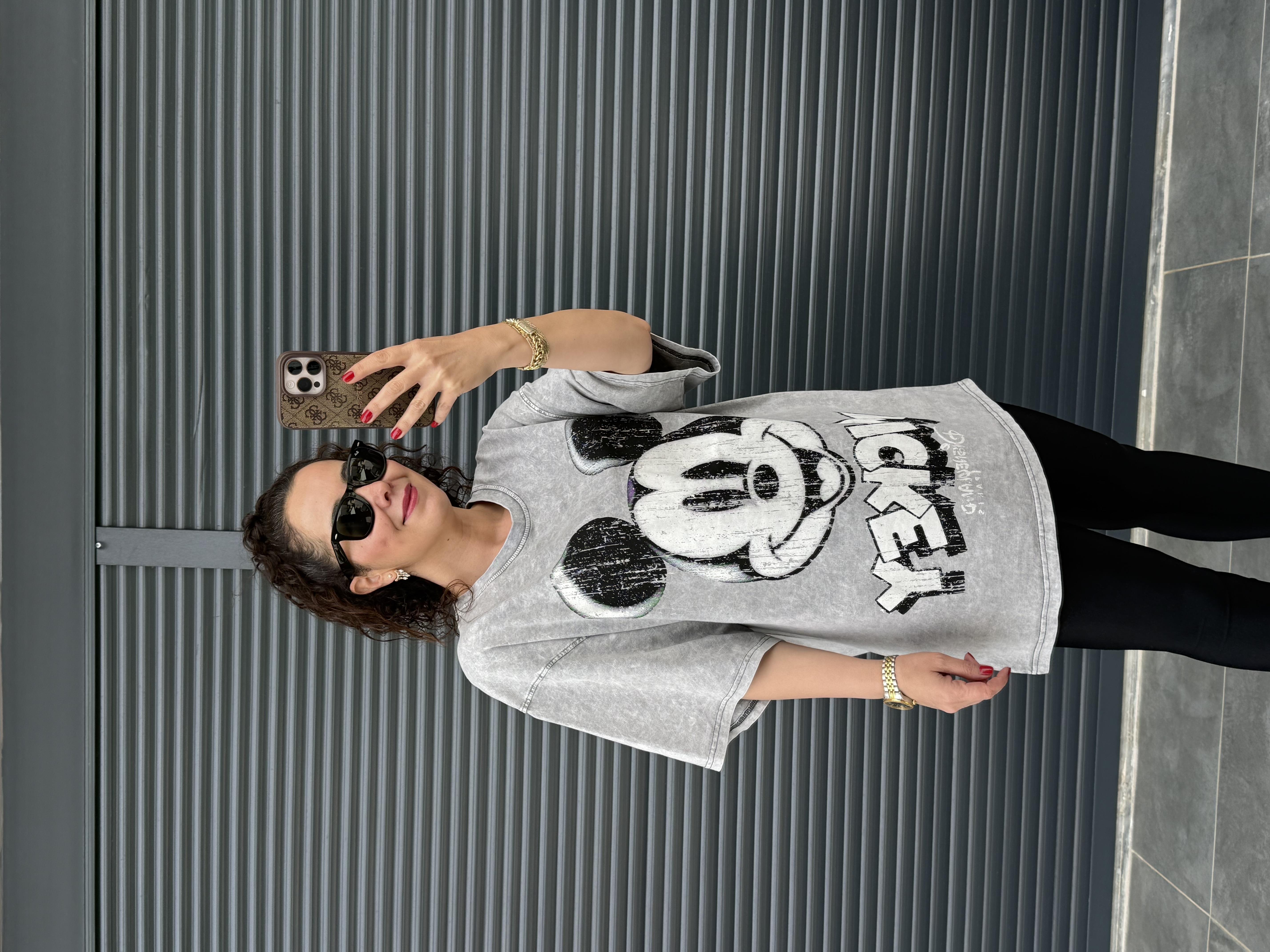 Eskitme Mickey Oversize T-shirt Gri
