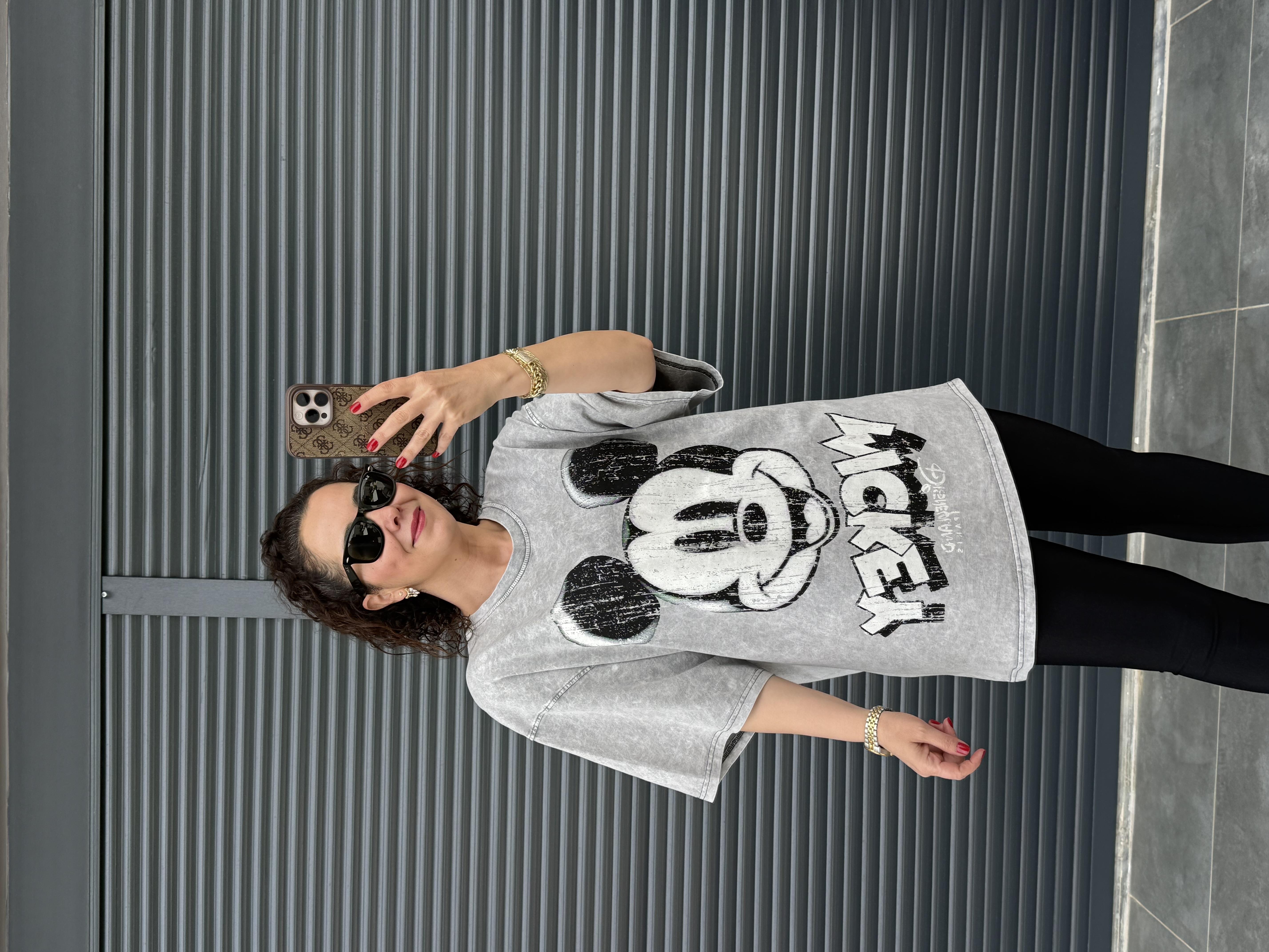 Eskitme Mickey Oversize T-shirt Gri