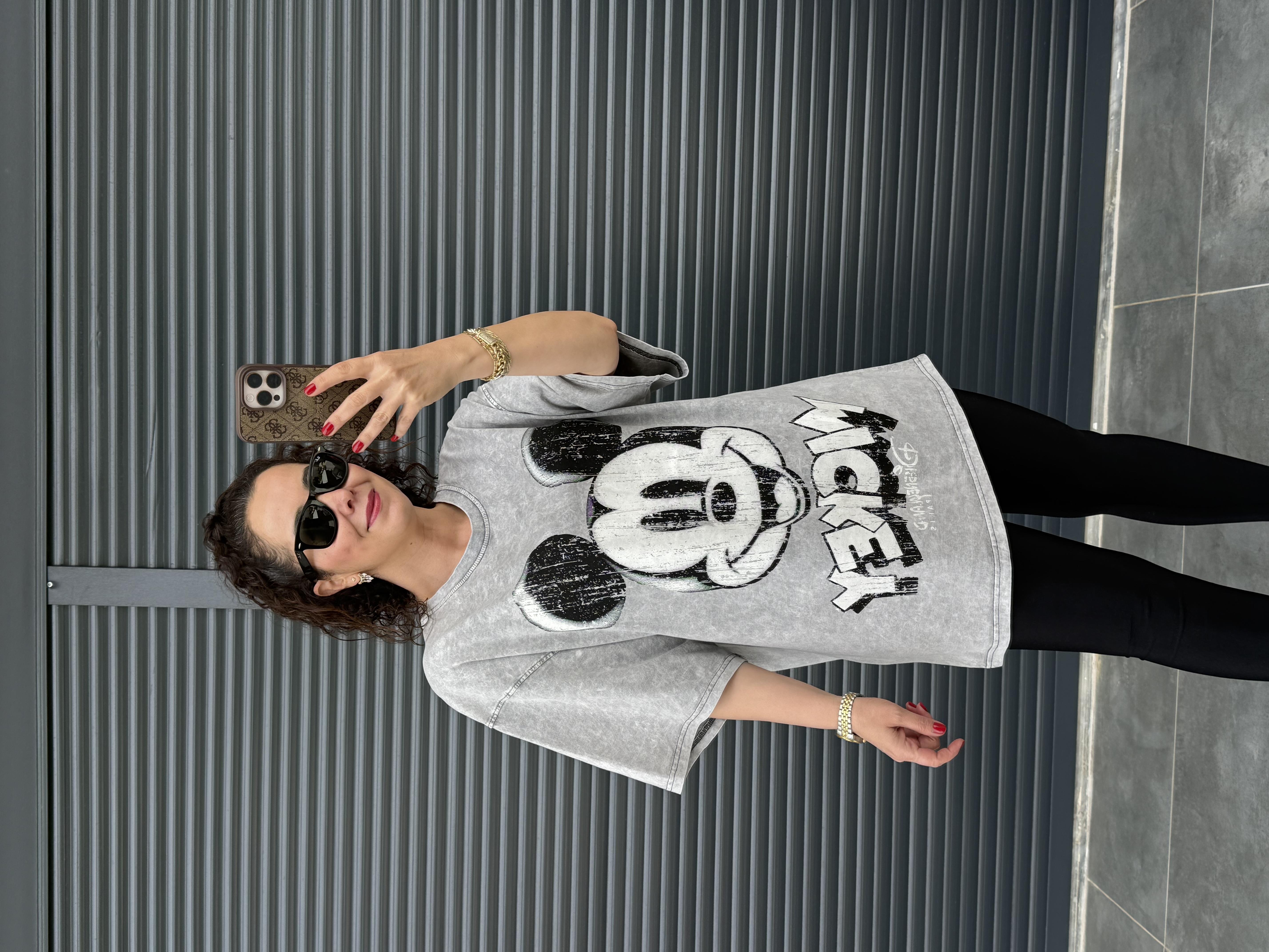 Eskitme Mickey Oversize T-shirt Gri