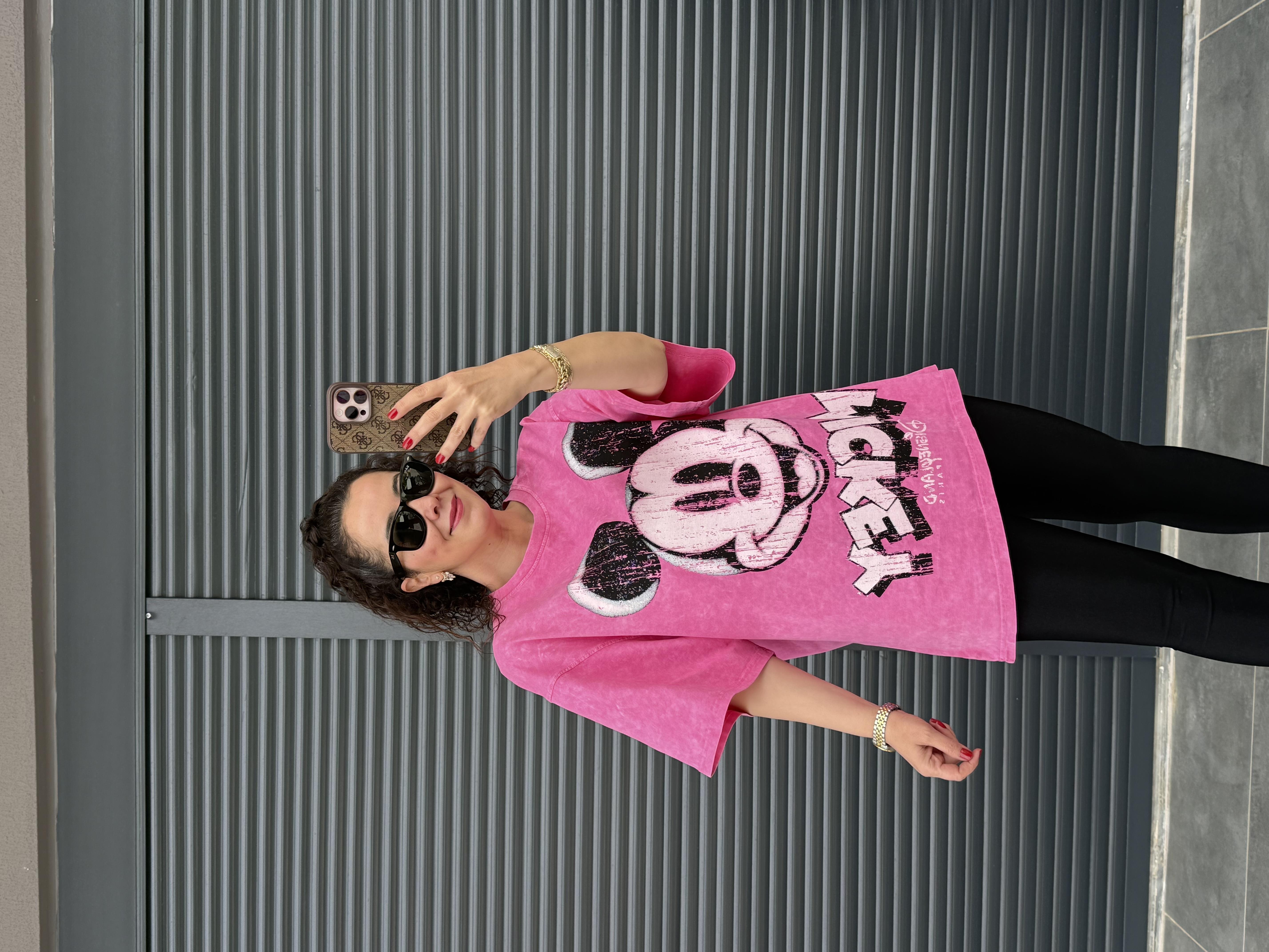 Eskitme Mickey Oversize T-shirt Pembe