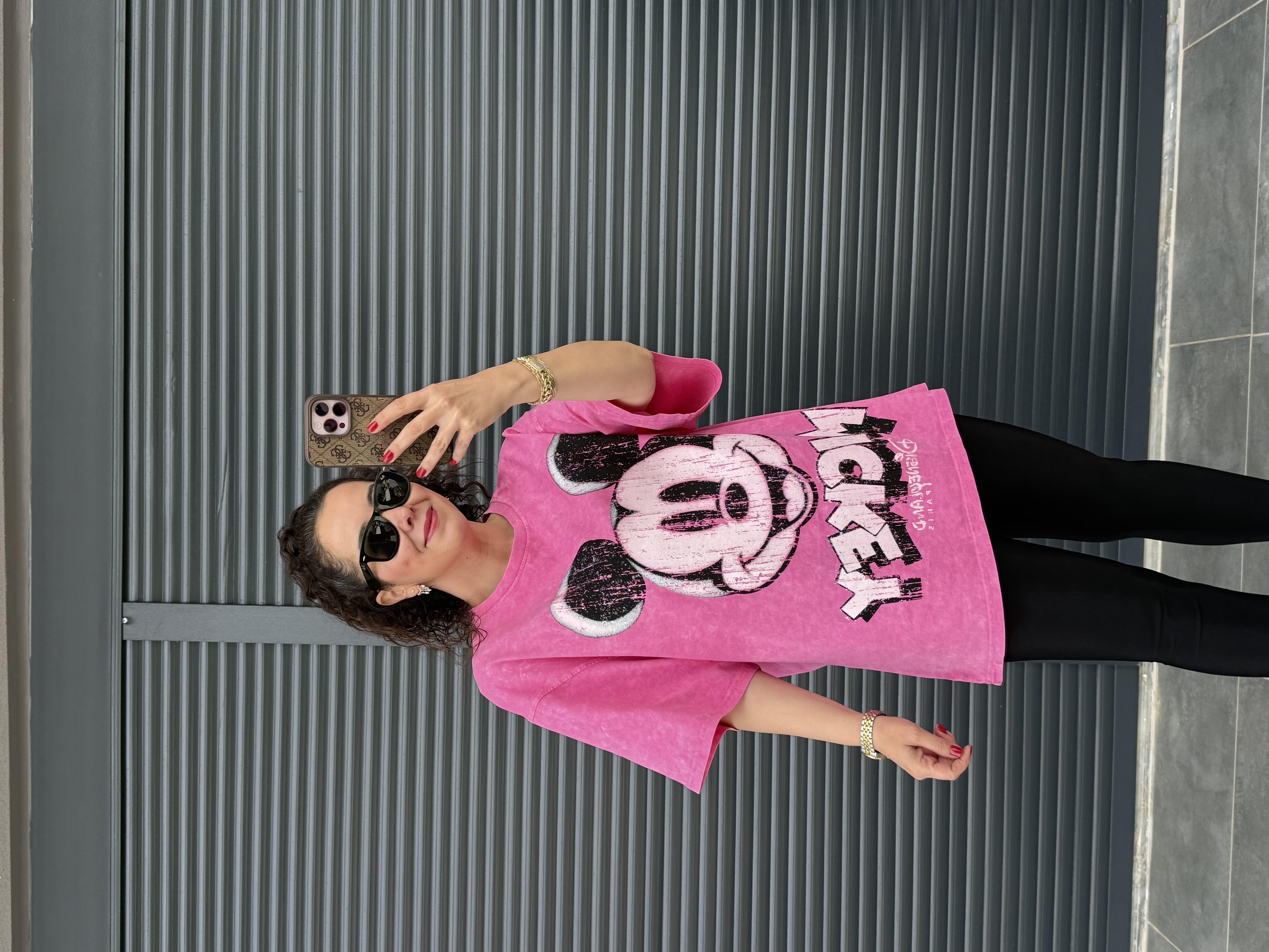 Eskitme Mickey Oversize T-shirt Pembe