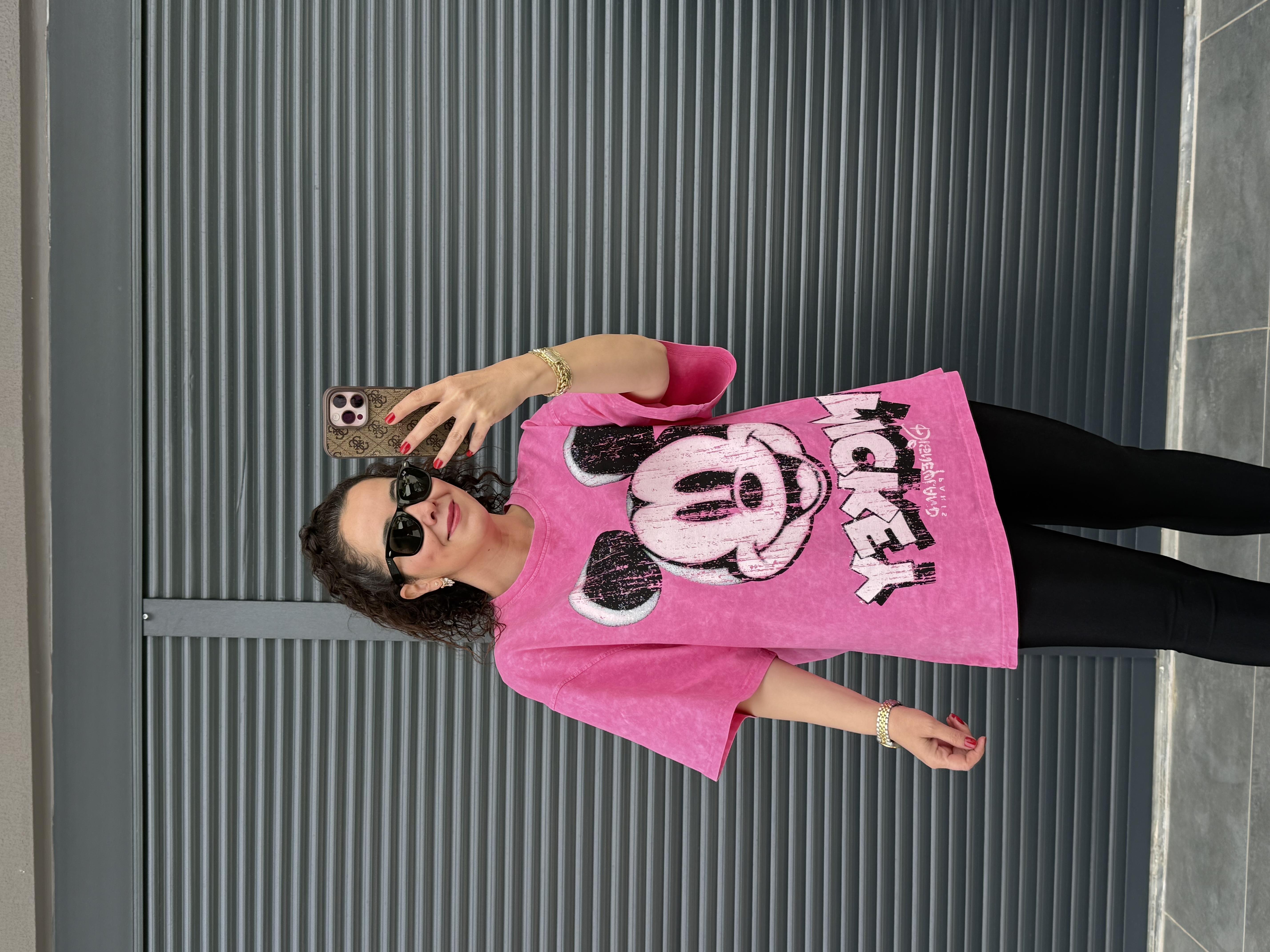 Eskitme Mickey Oversize T-shirt Pembe