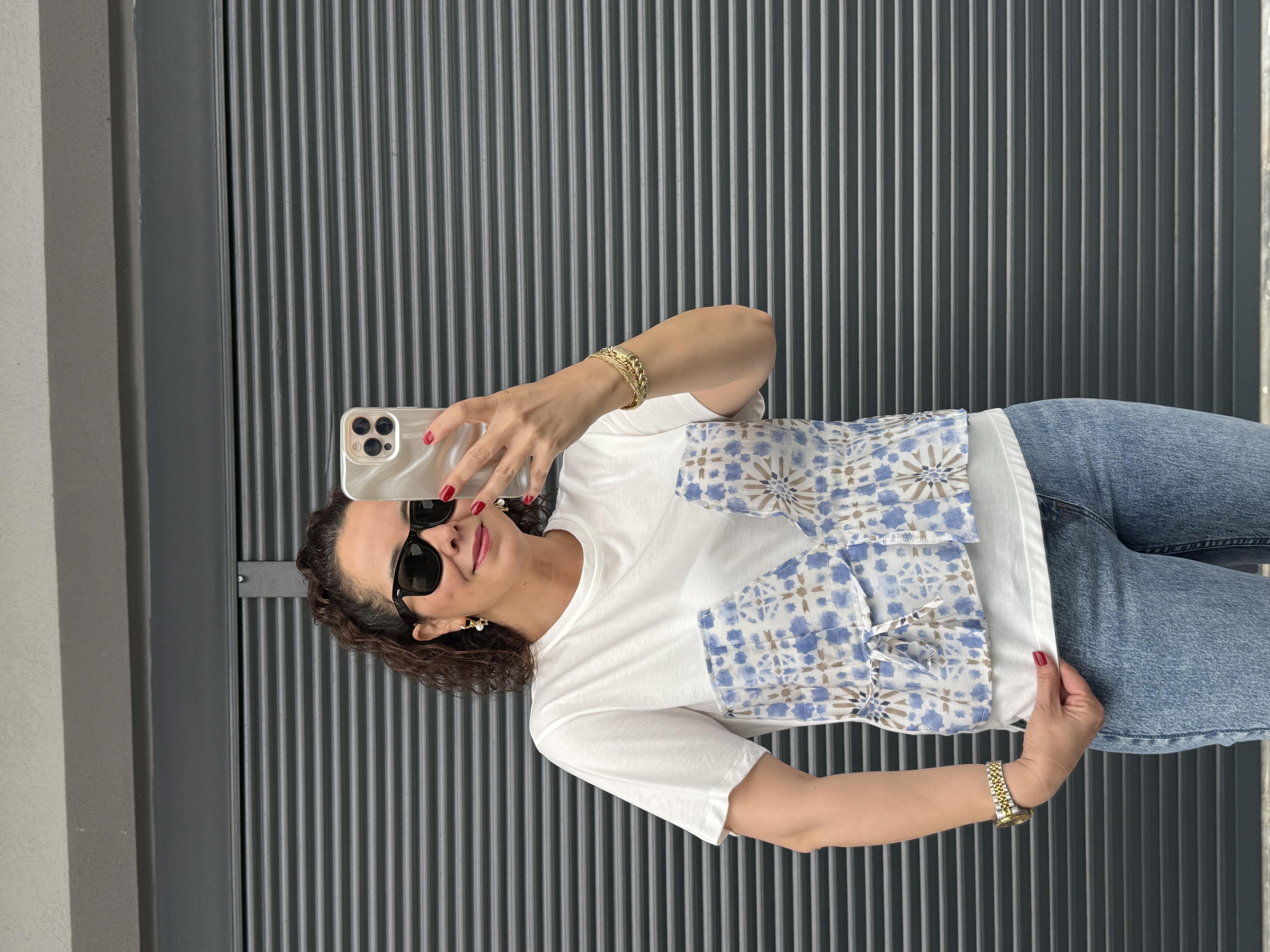 Etnik Desenli Tasarım T-shirt Mavi