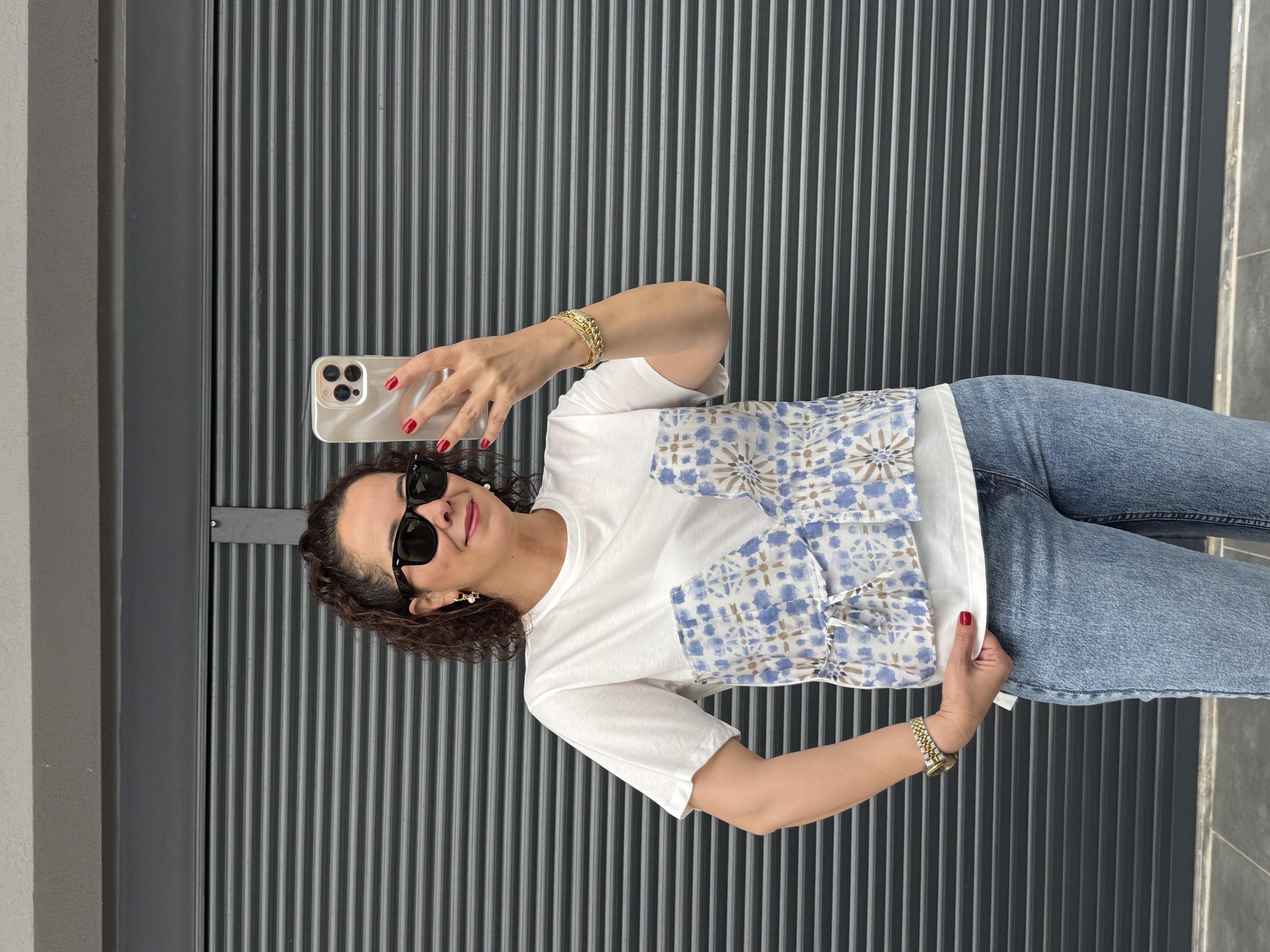 Etnik Desenli Tasarım T-shirt Mavi