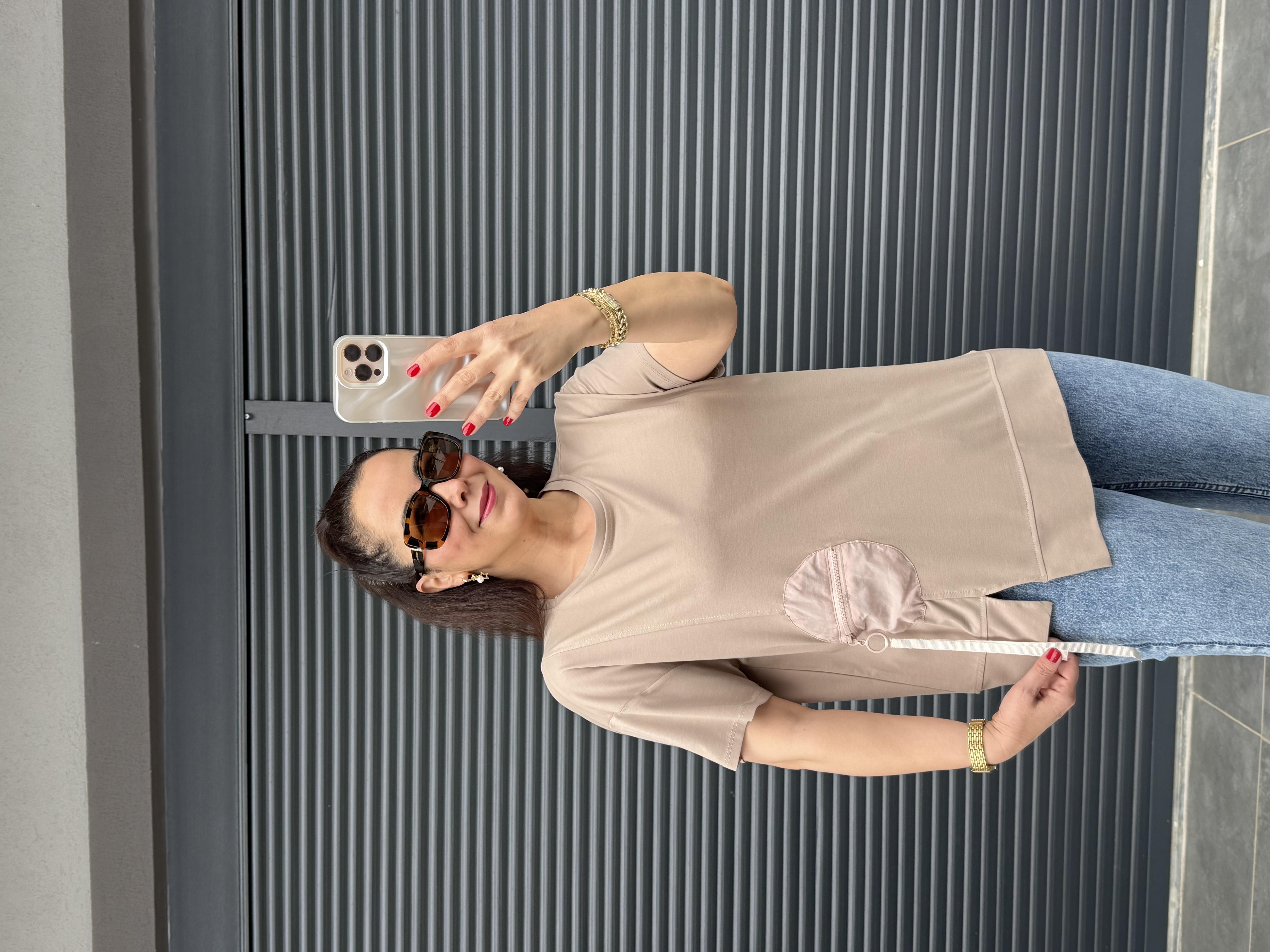 Fermuarlı Cep Detaylı Tasarım T-shirt Vizon 