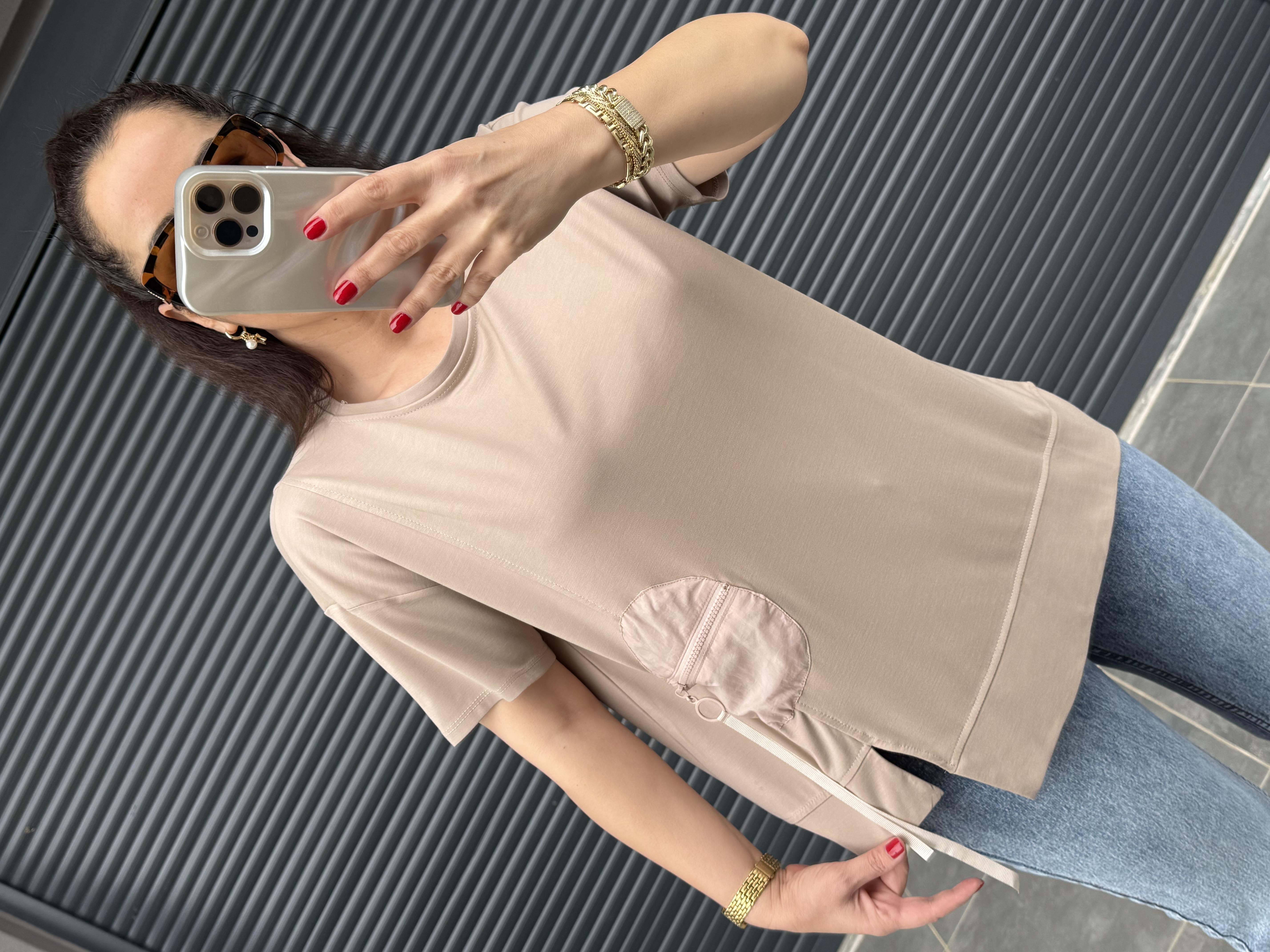 Fermuarlı Cep Detaylı Tasarım T-shirt Vizon 