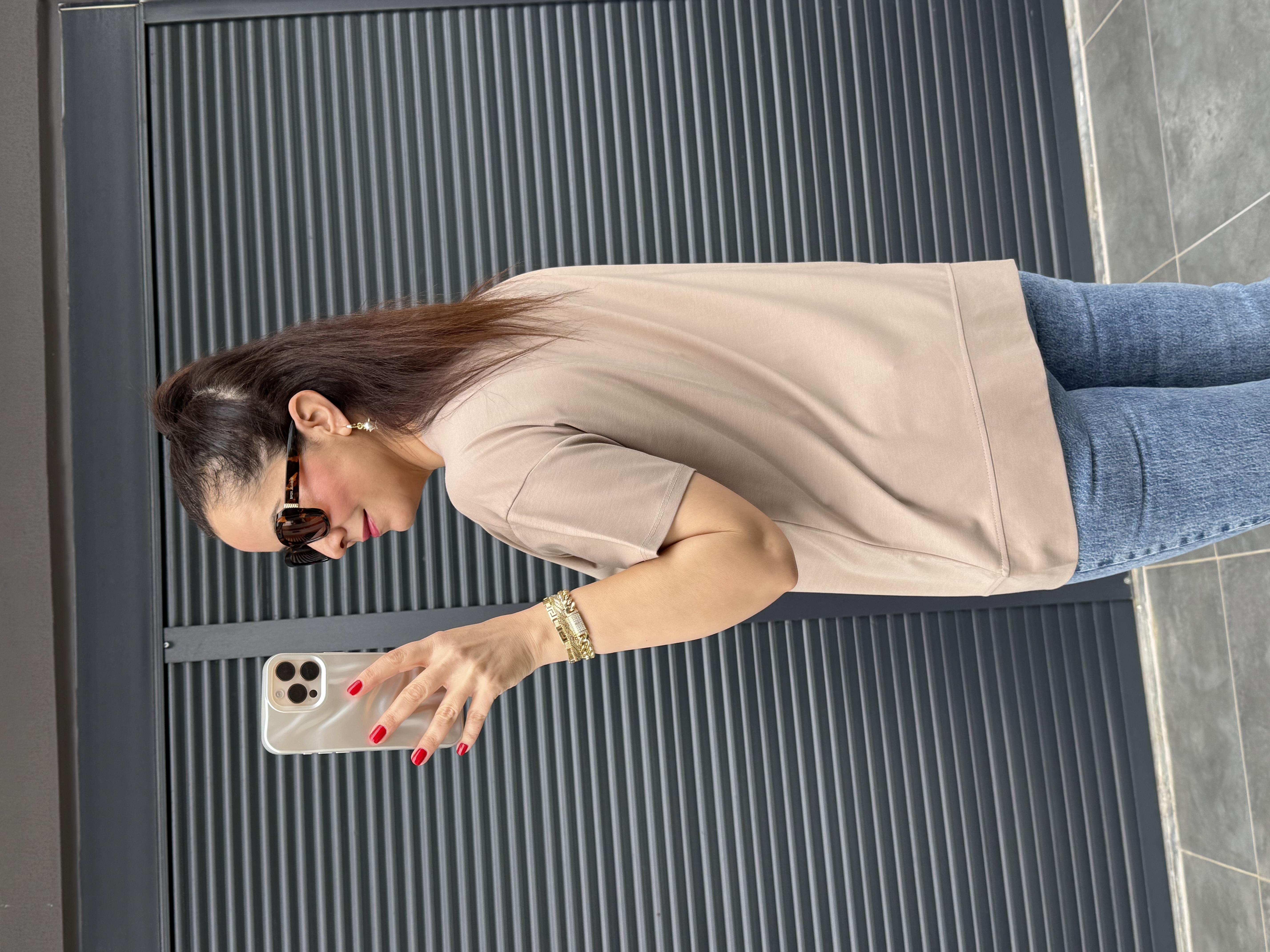 Fermuarlı Cep Detaylı Tasarım T-shirt Vizon 