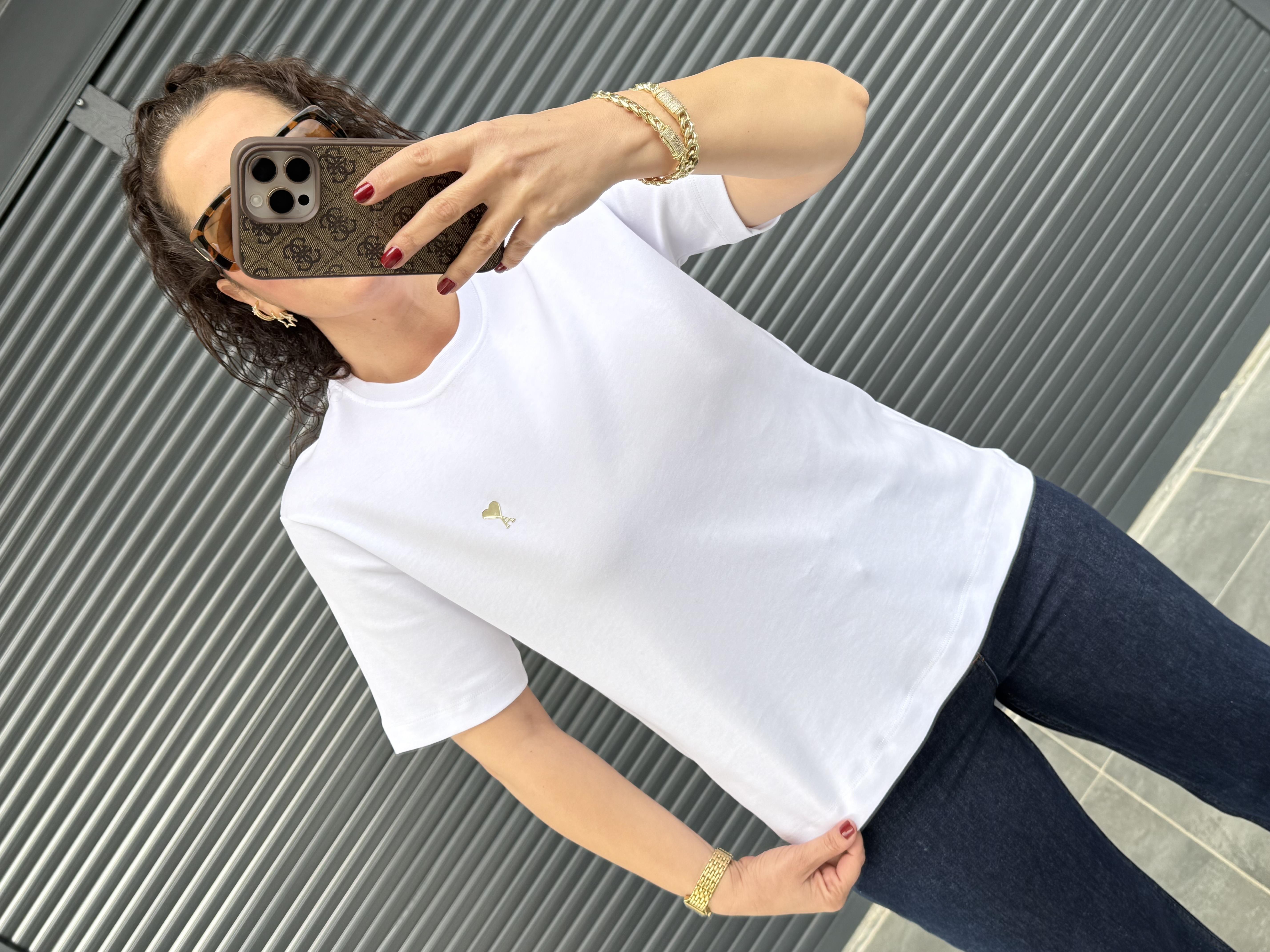 Gold Kalp Armalı Basıc T-shirt  Beyaz