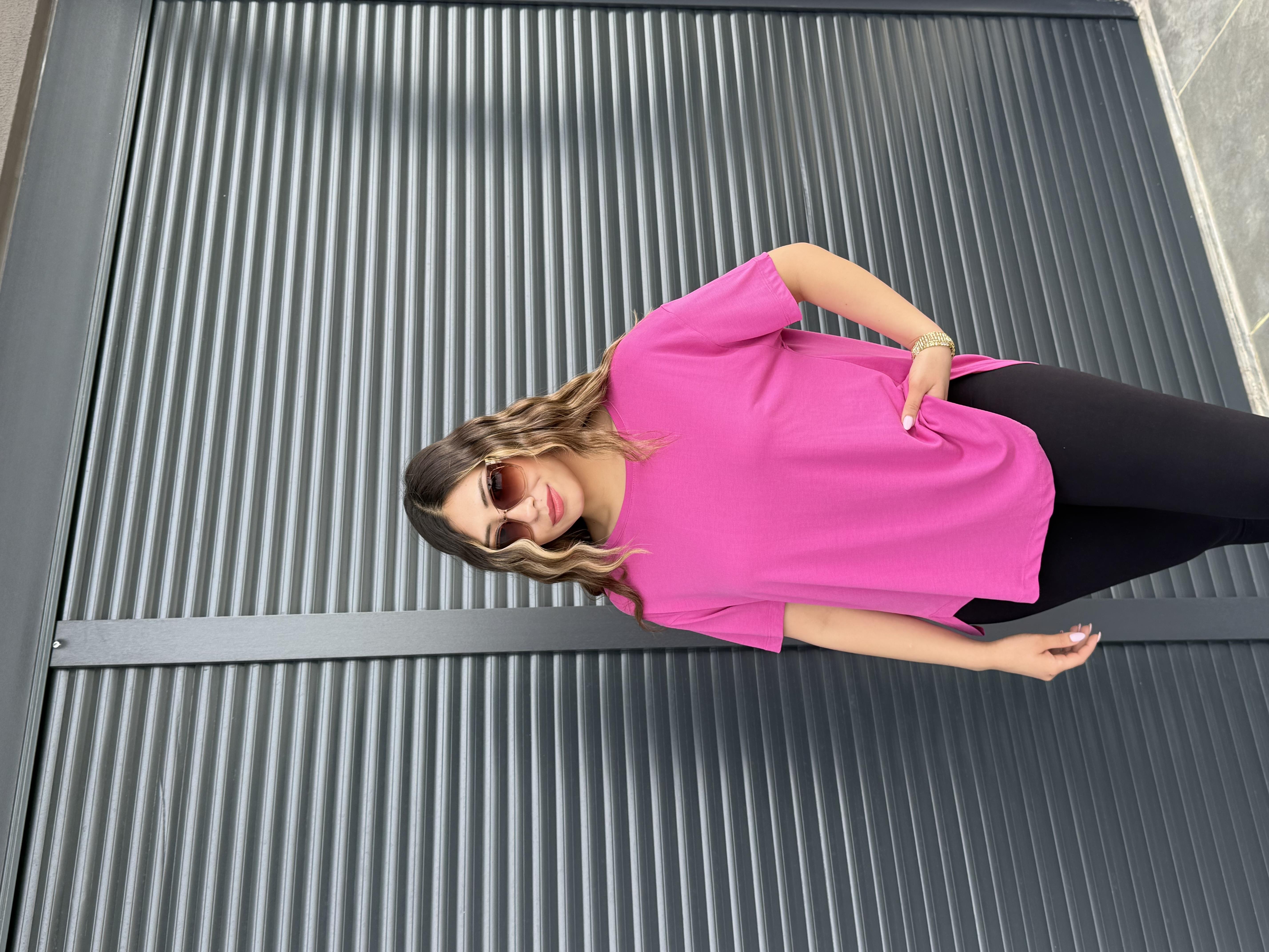 İthal Modal Sırt Pile Detaylı Basic  T-Shirt Fuşya