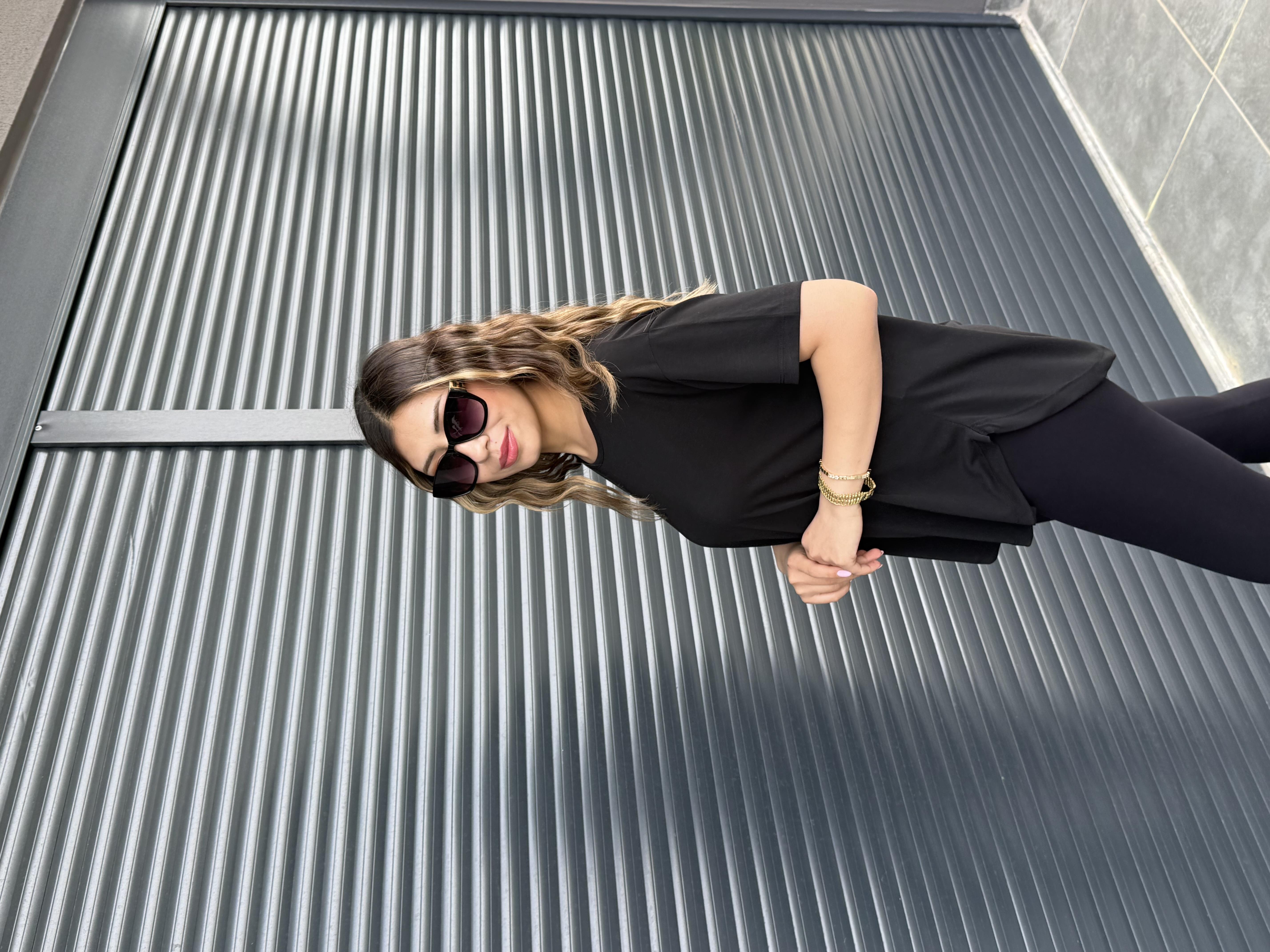 İthal Modal Sırt Pile Detaylı Basic  T-Shirt Siyah