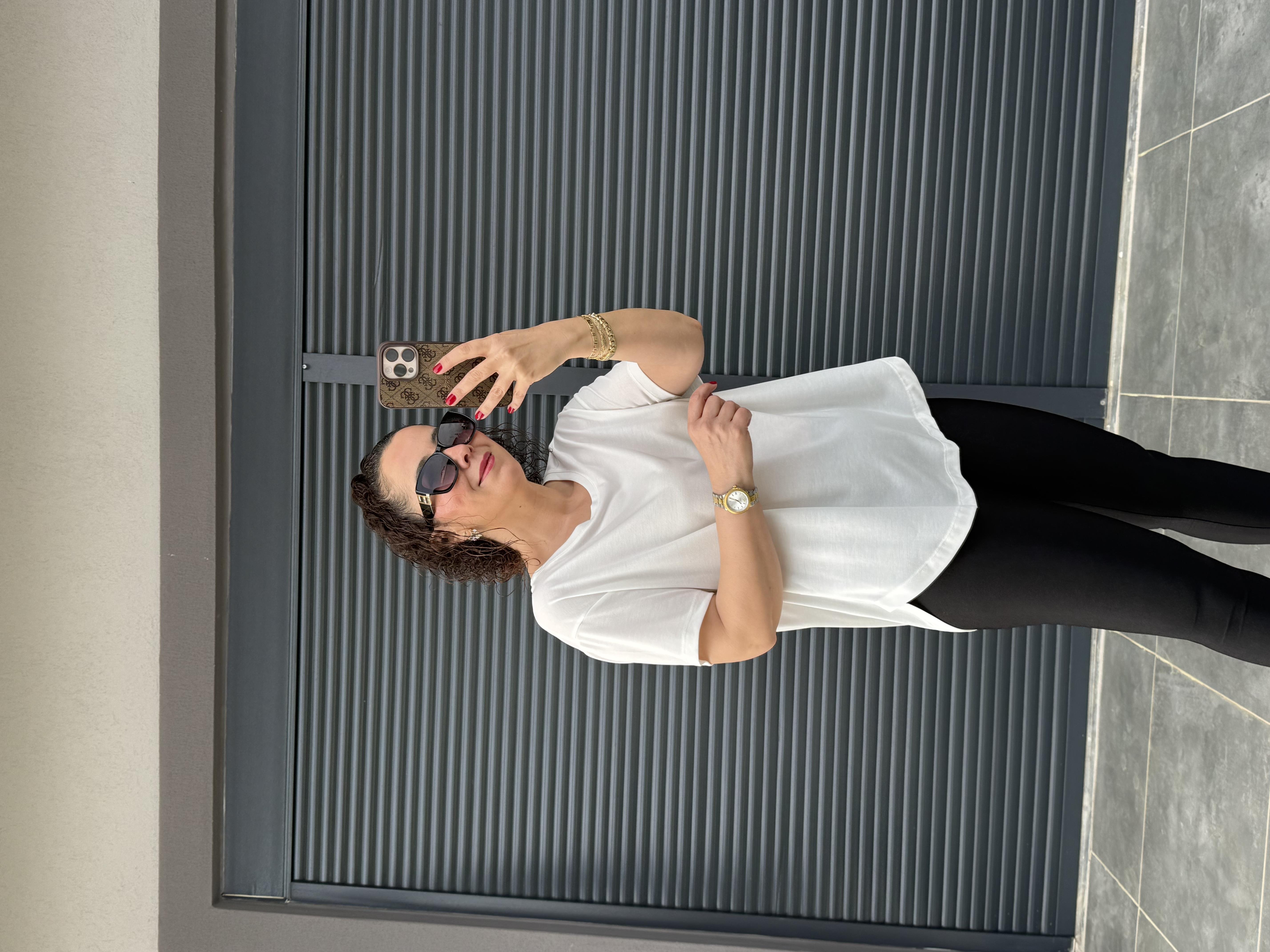 İthal Modal Sırt Pile Detaylı Basic  T-Shirt Beyaz