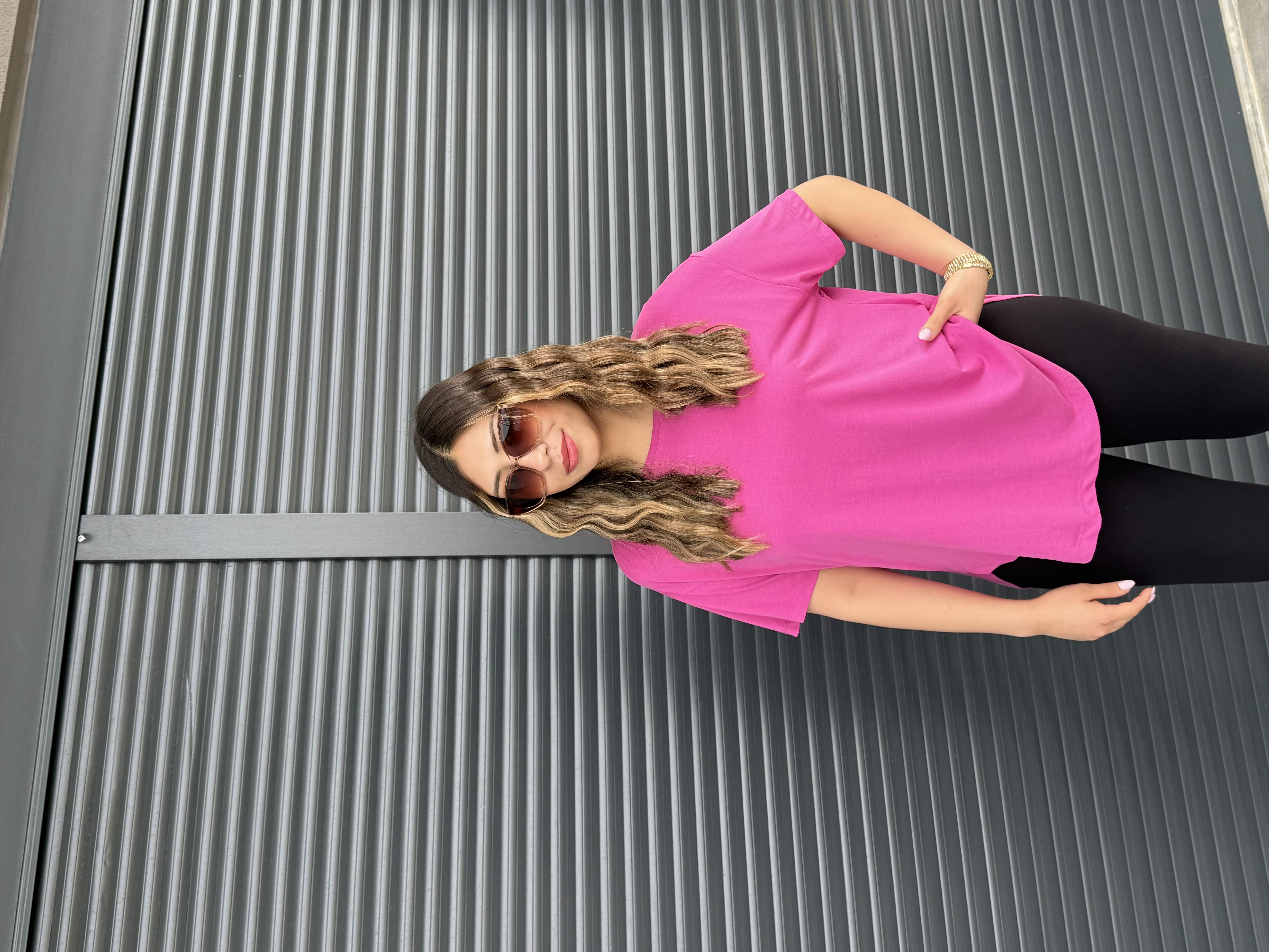 İthal Modal Sırt Pile Detaylı Basic  T-Shirt Fuşya