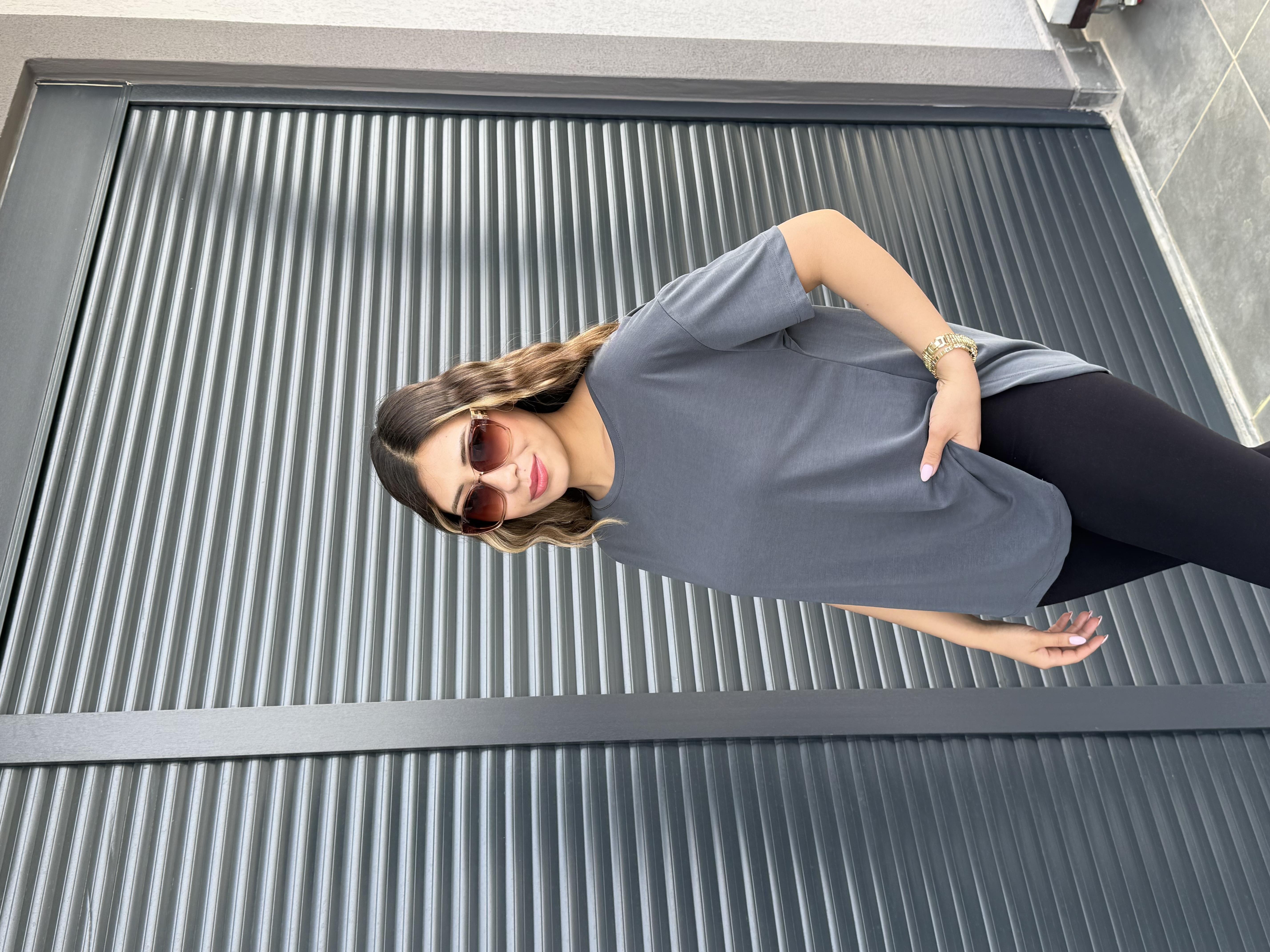 İthal Modal Sırt Pile Detaylı Basic  T-Shirt Antrasit