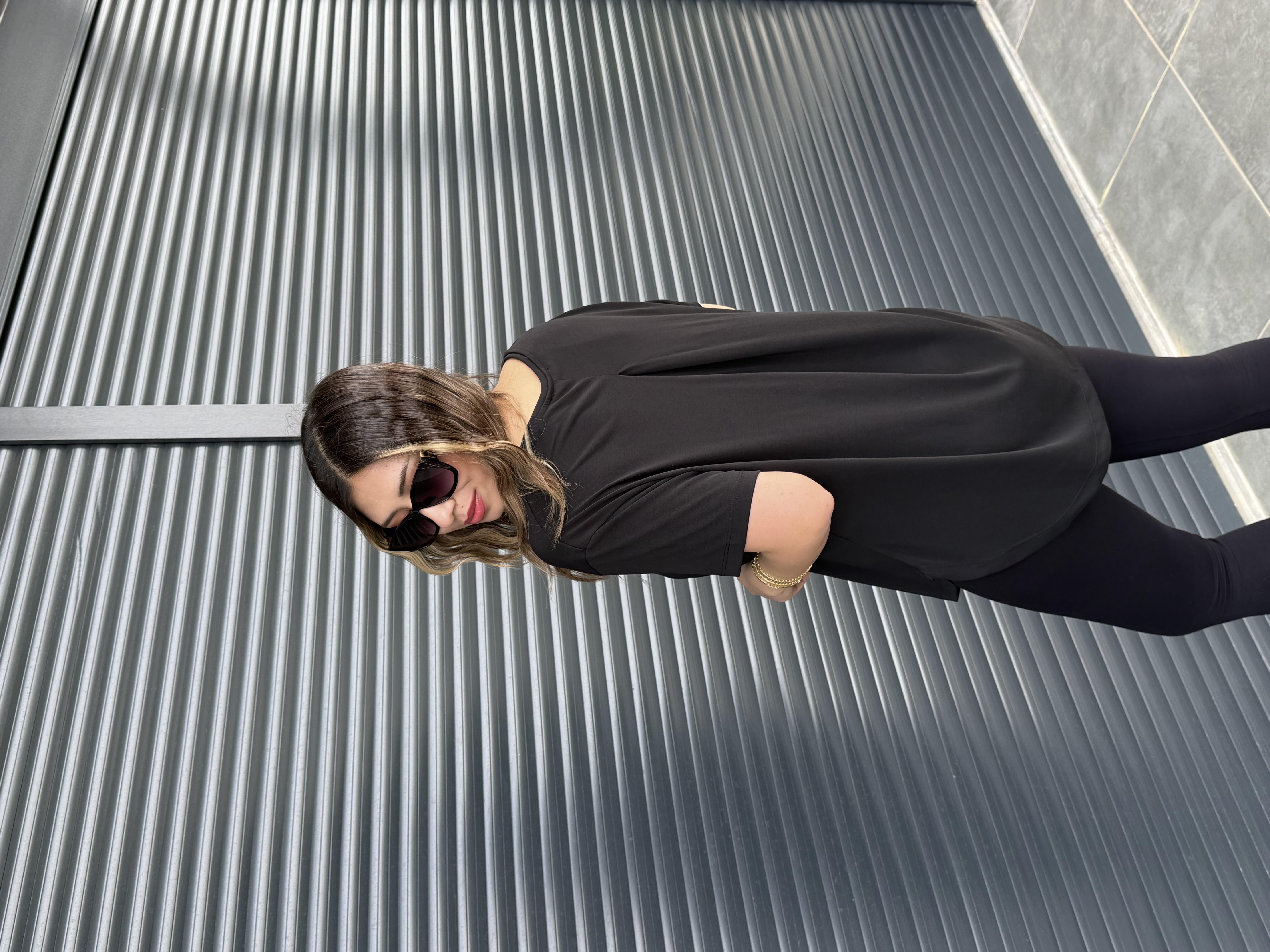 İthal Modal Sırt Pile Detaylı Basic  T-Shirt Siyah
