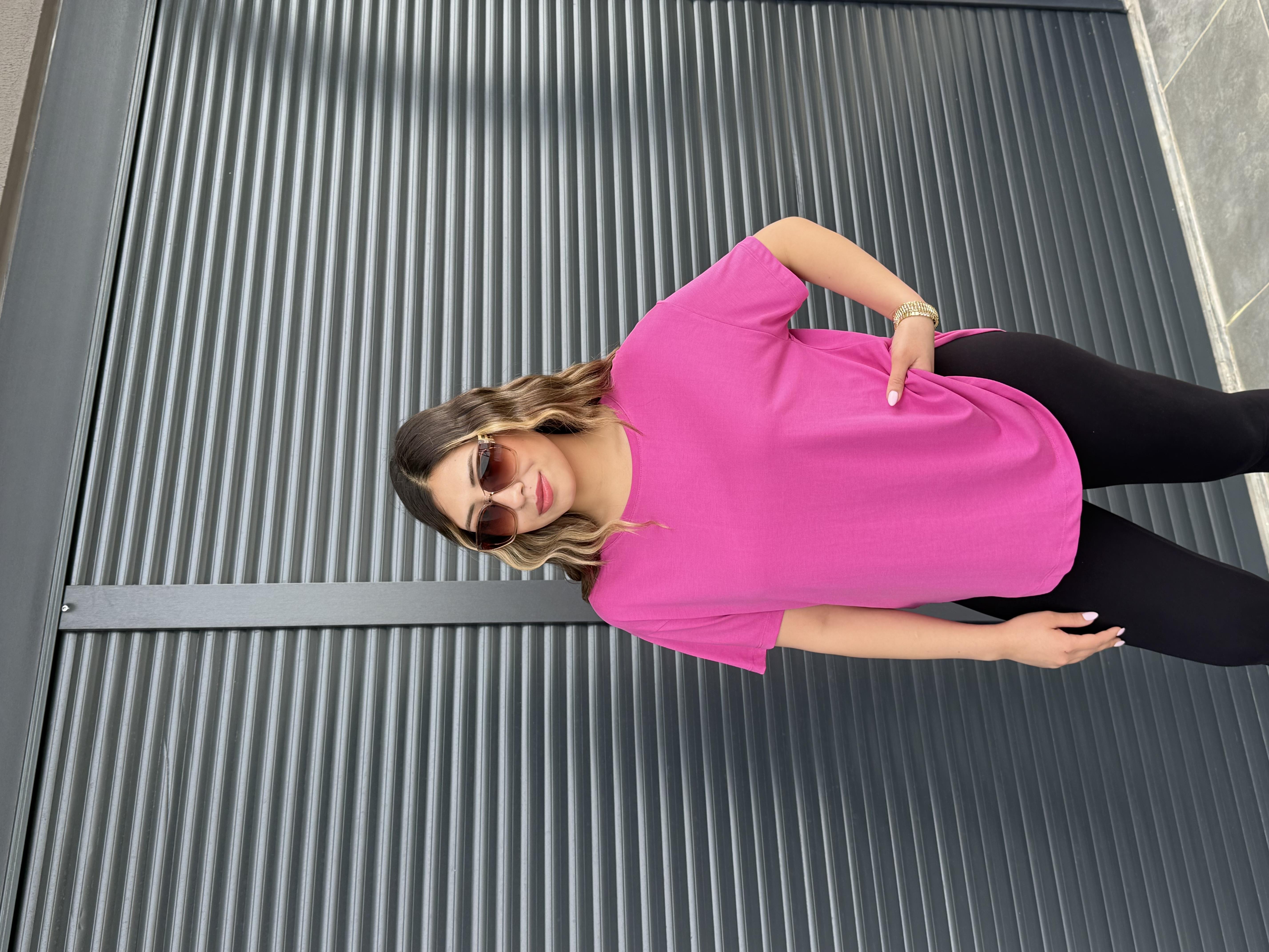 İthal Modal Sırt Pile Detaylı Basic  T-Shirt Fuşya