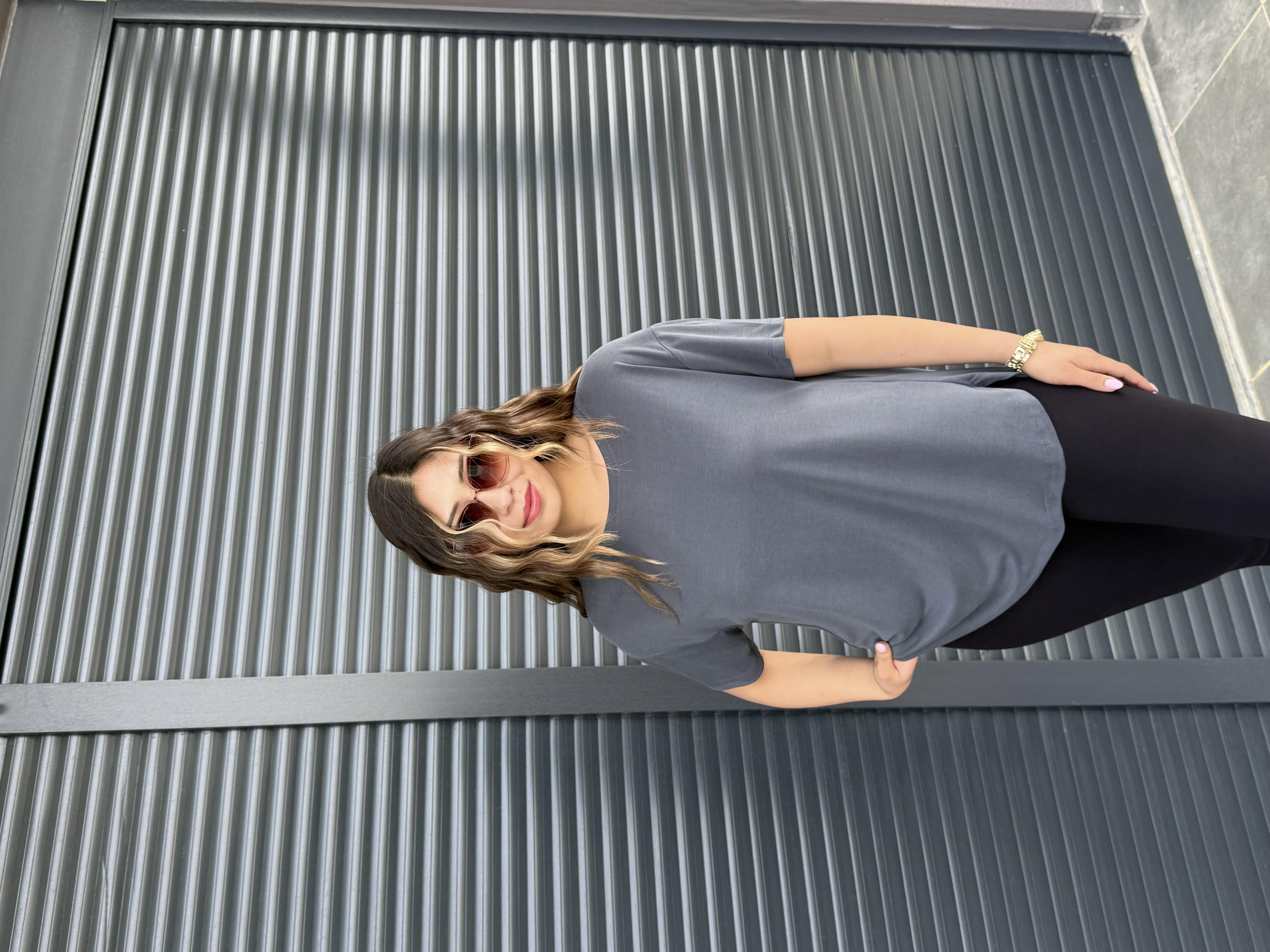 İthal Modal Sırt Pile Detaylı Basic  T-Shirt Antrasit