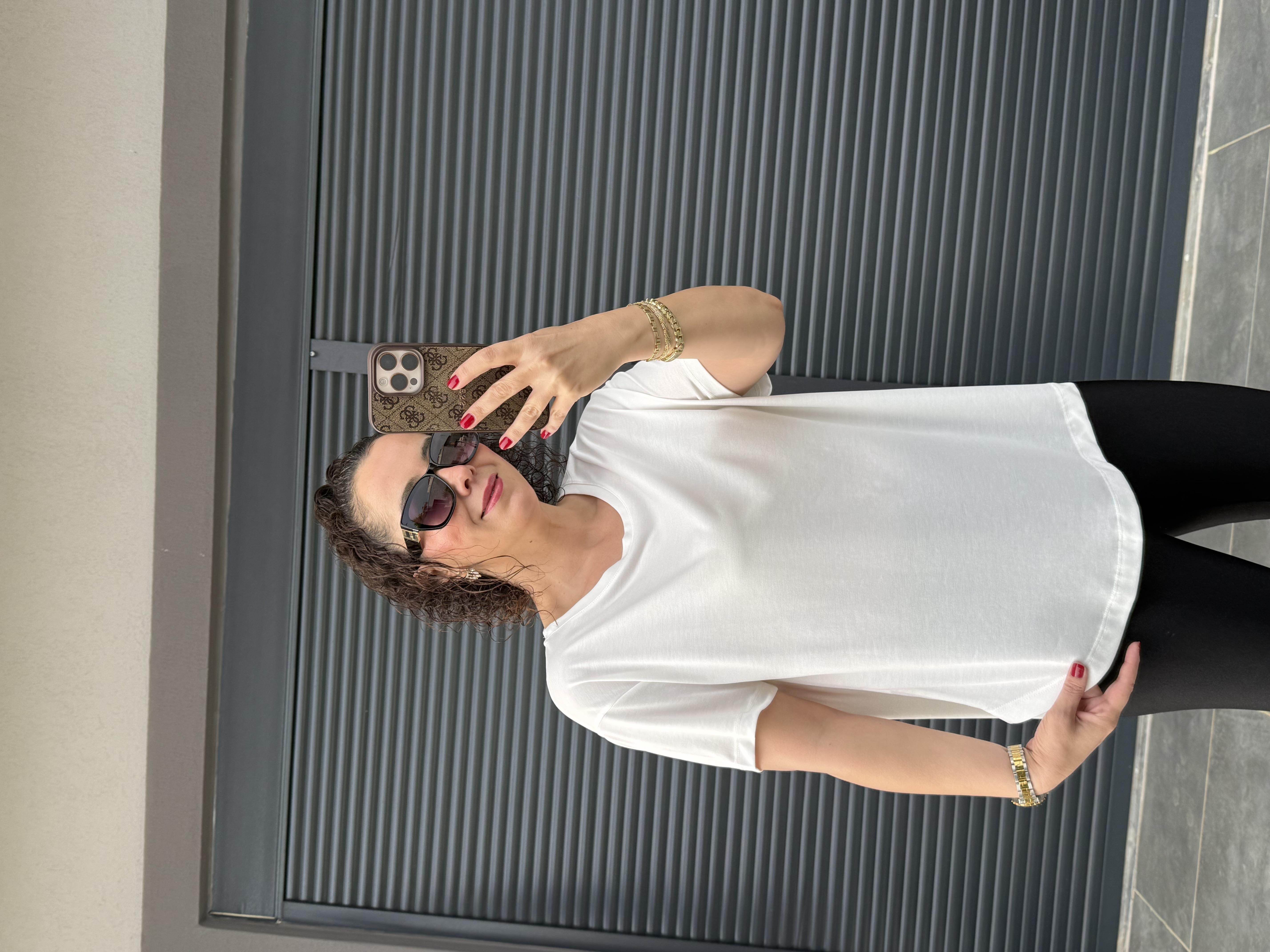 İthal Modal Sırt Pile Detaylı Basic  T-Shirt Beyaz