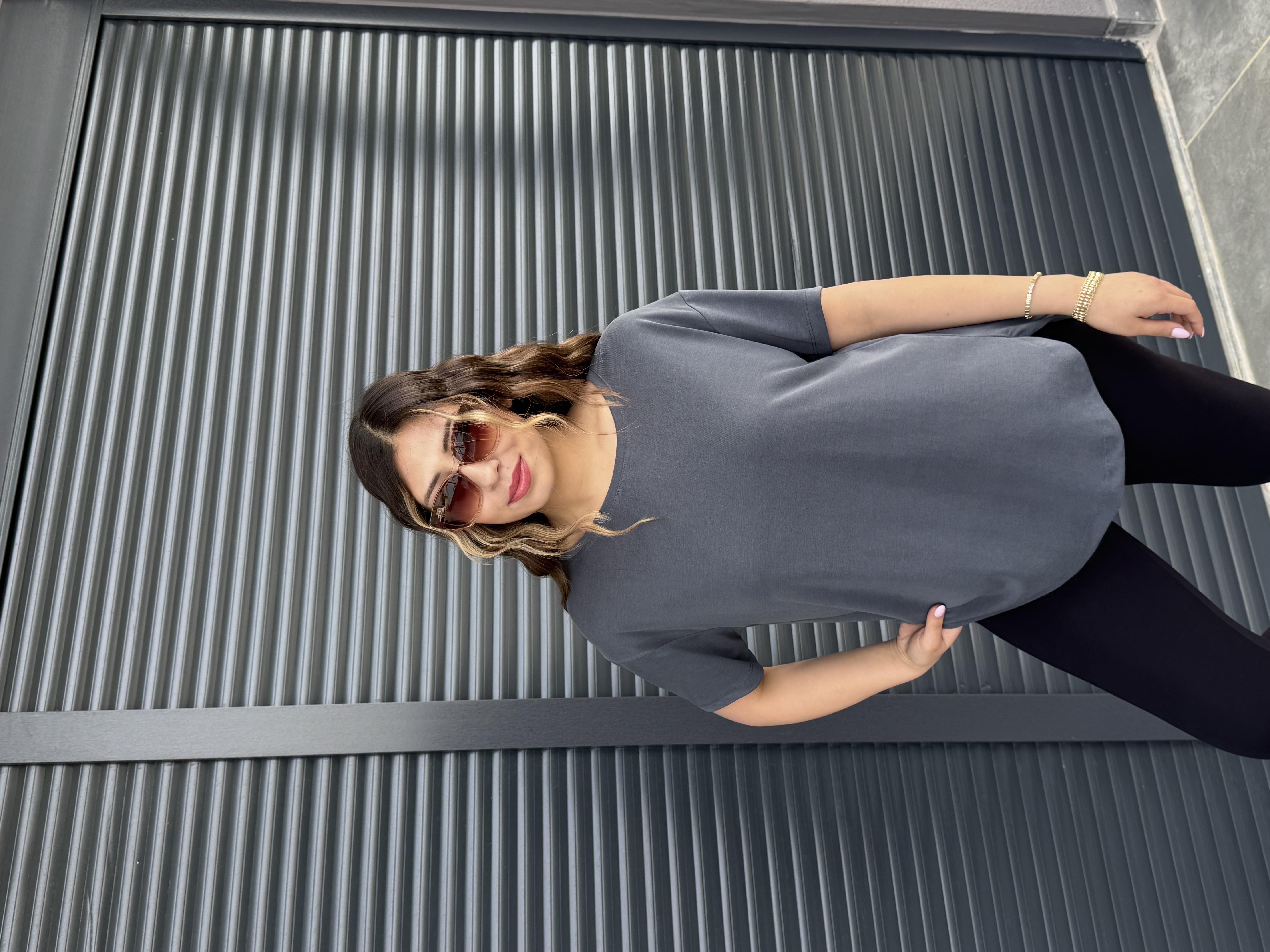 İthal Modal Sırt Pile Detaylı Basic  T-Shirt Antrasit
