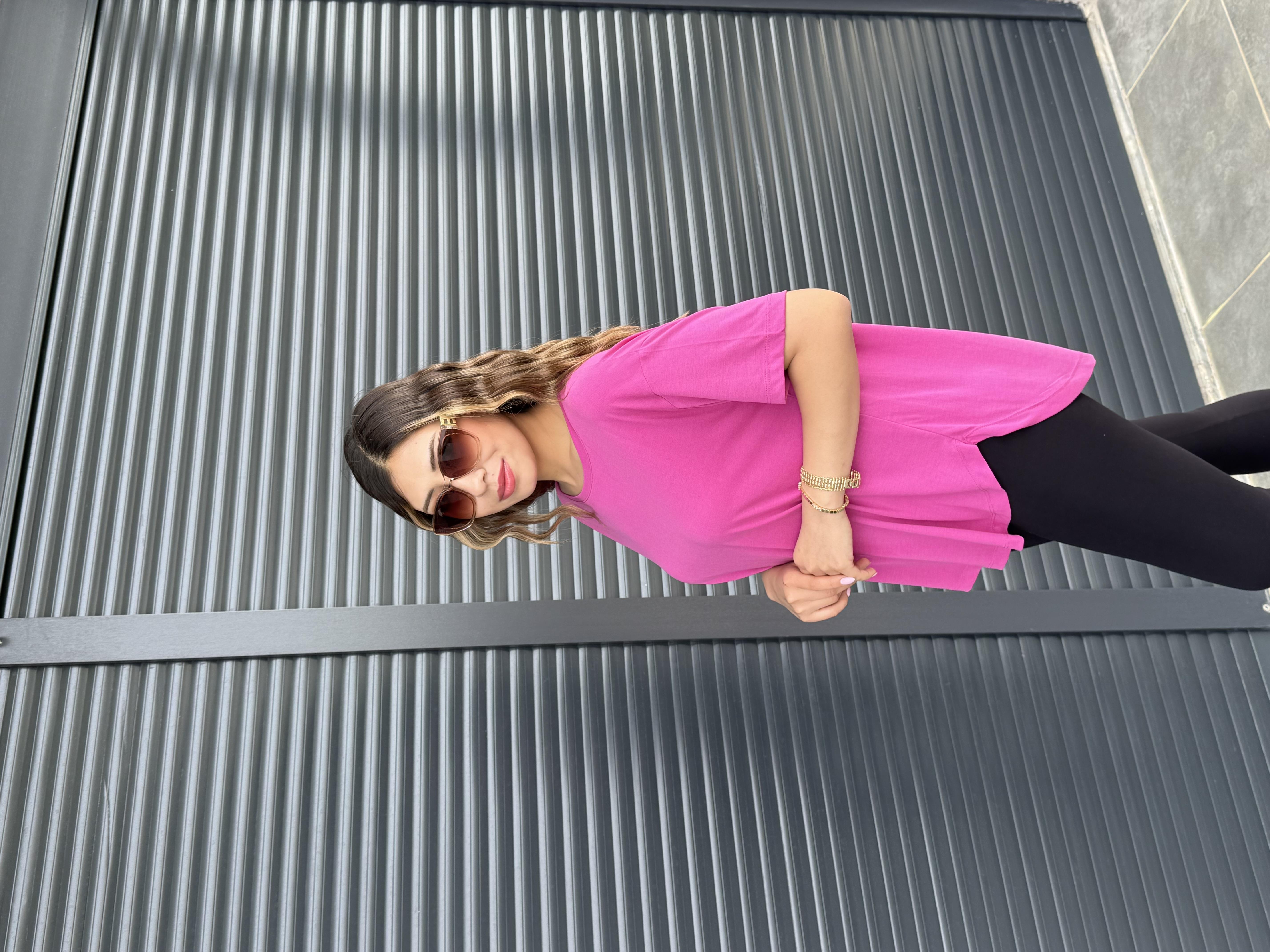 İthal Modal Sırt Pile Detaylı Basic  T-Shirt Fuşya