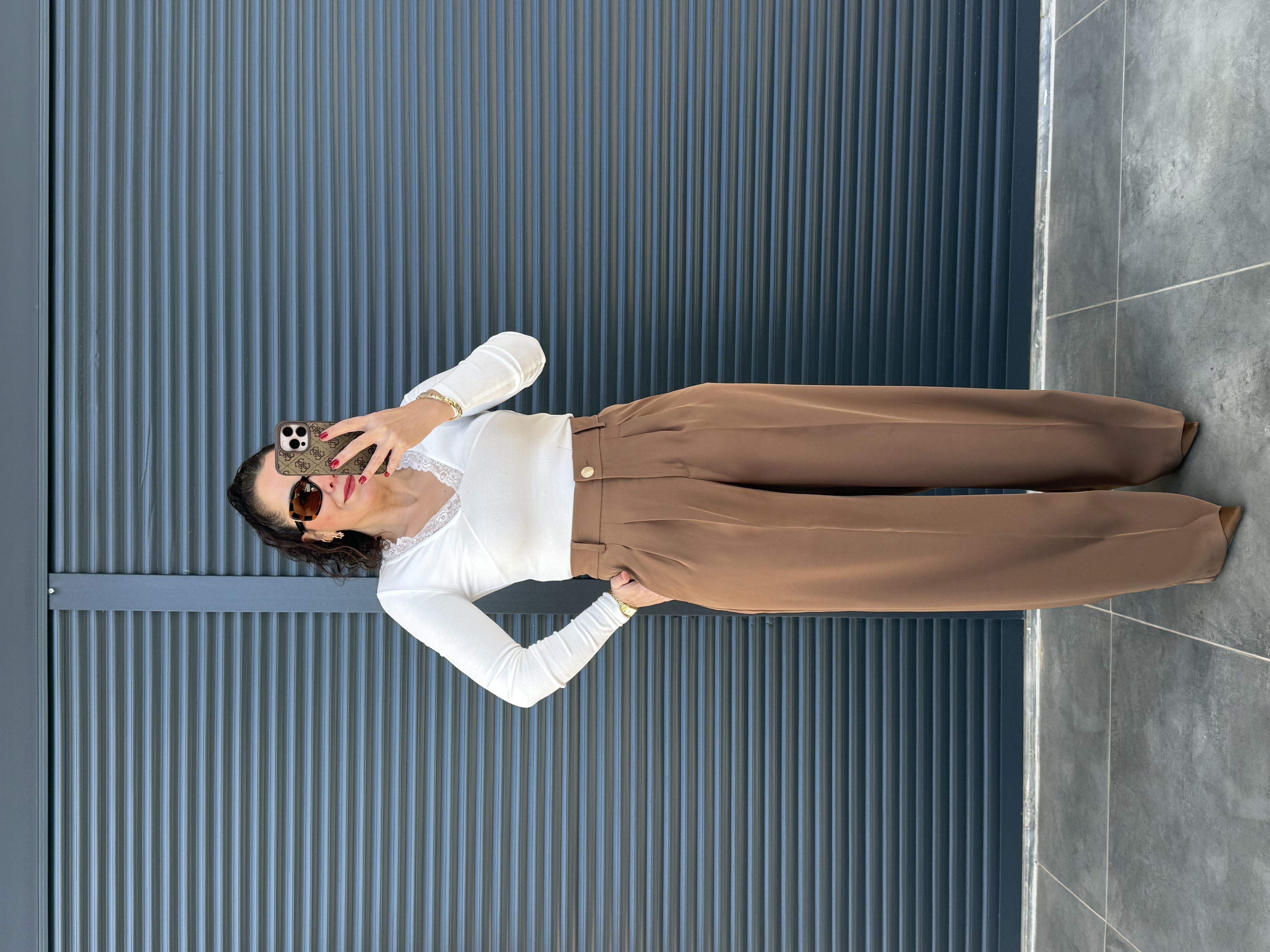 Karol Gold Düğmeli Palazzo Pantolon Camel