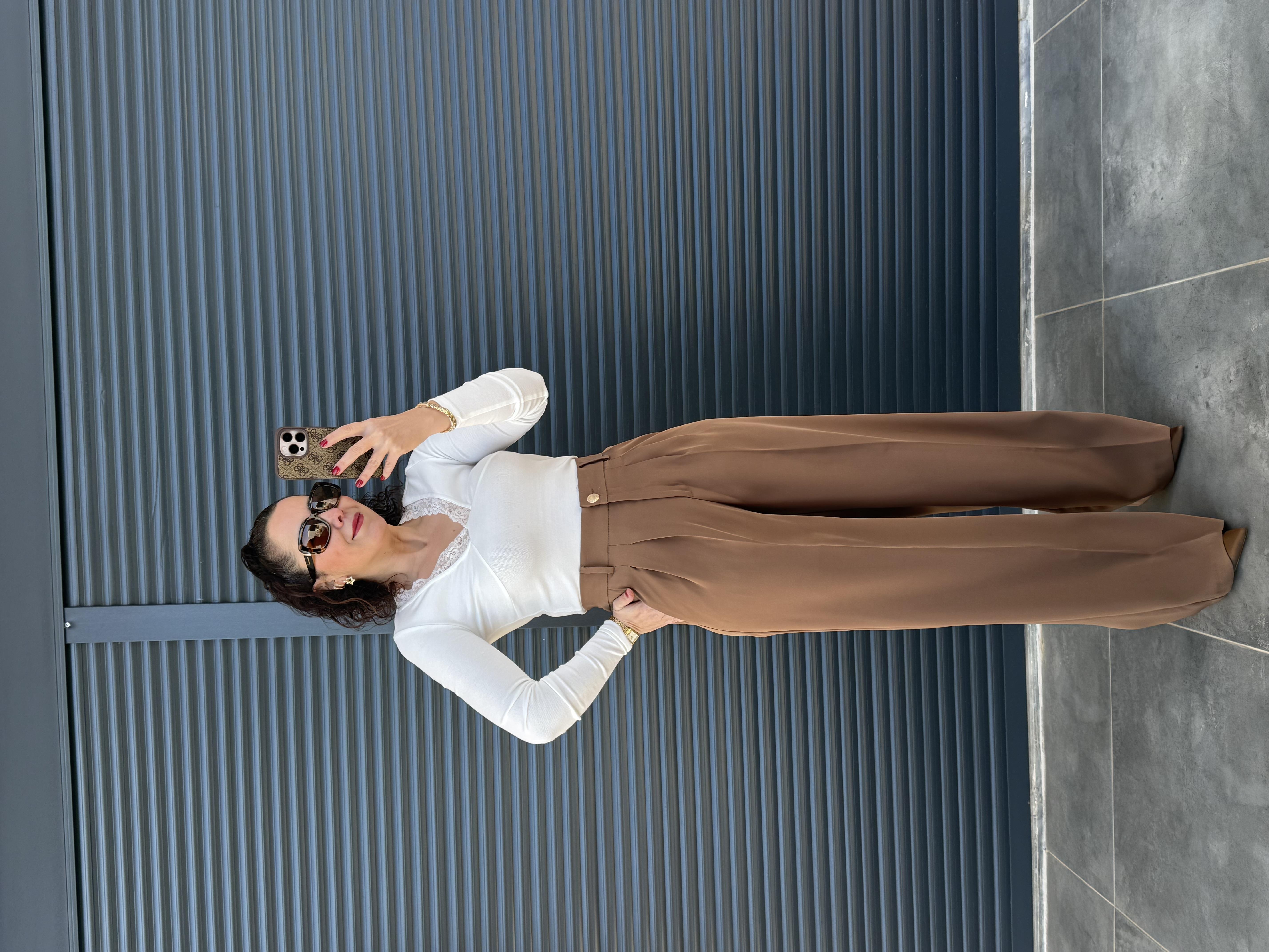 Karol Gold Düğmeli Palazzo Pantolon Camel