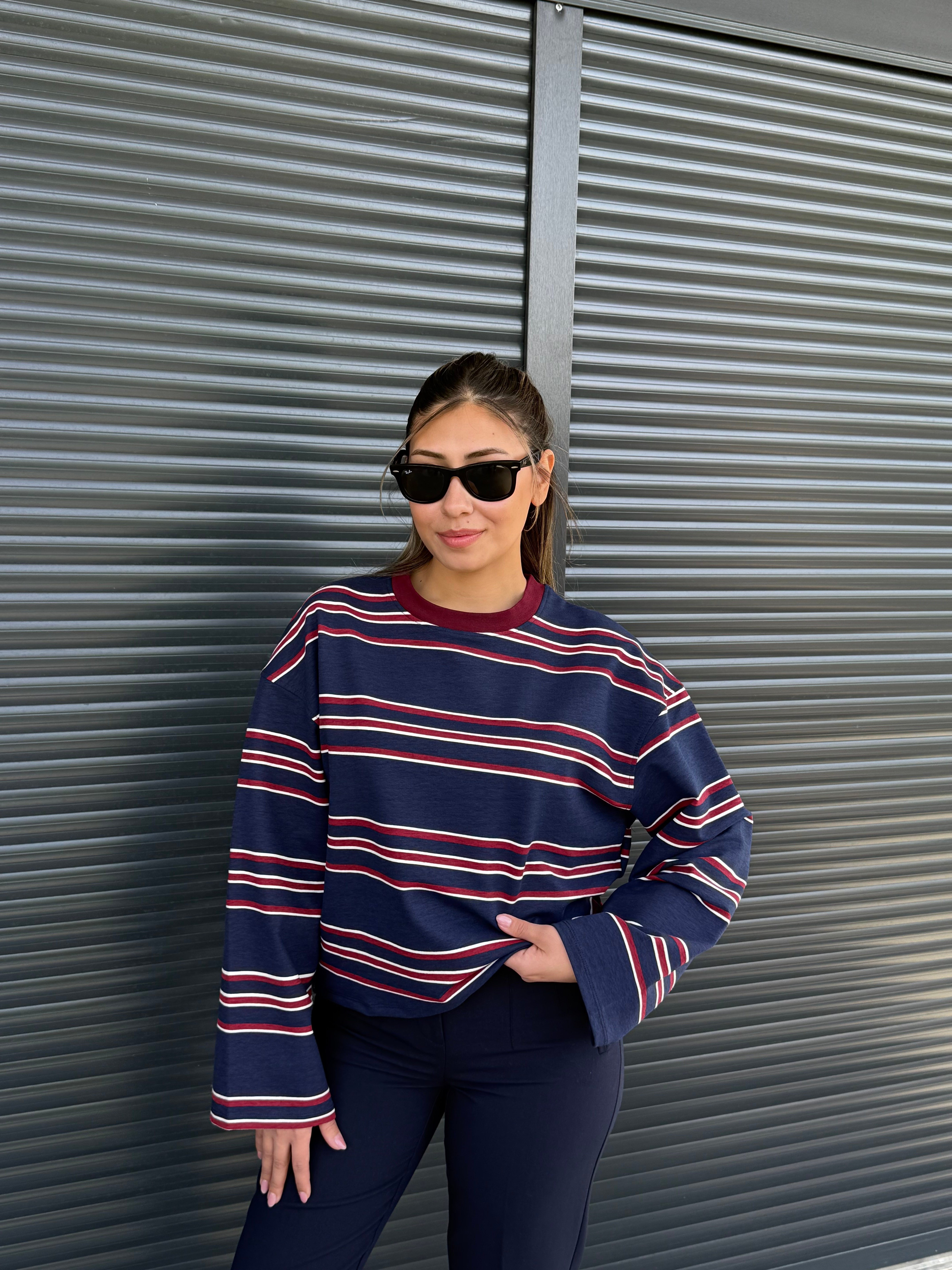 Lacivert Bordo Çizgili Sweatshirt