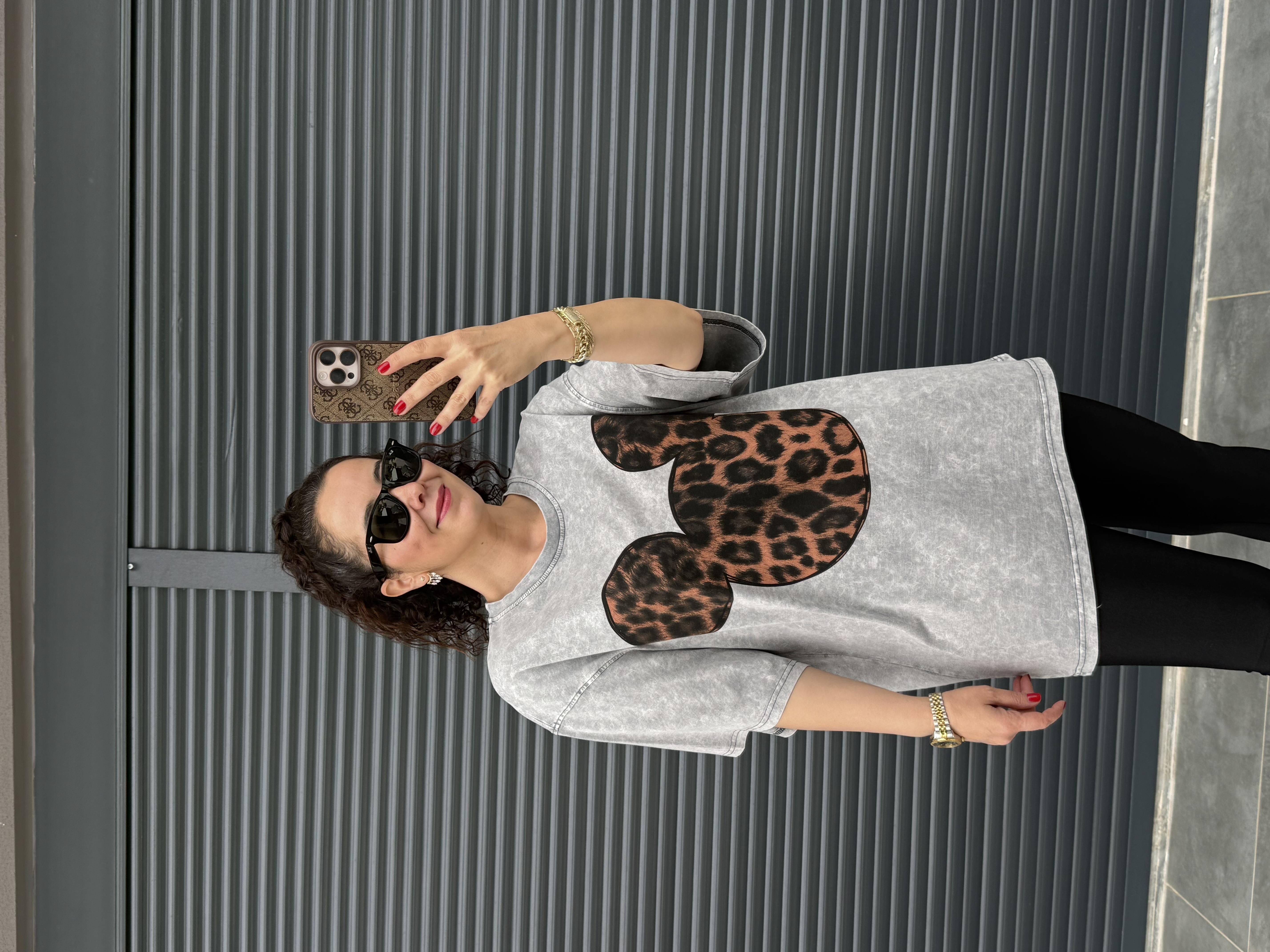 Mickey Leopar Eskitme Oversize T-shirt