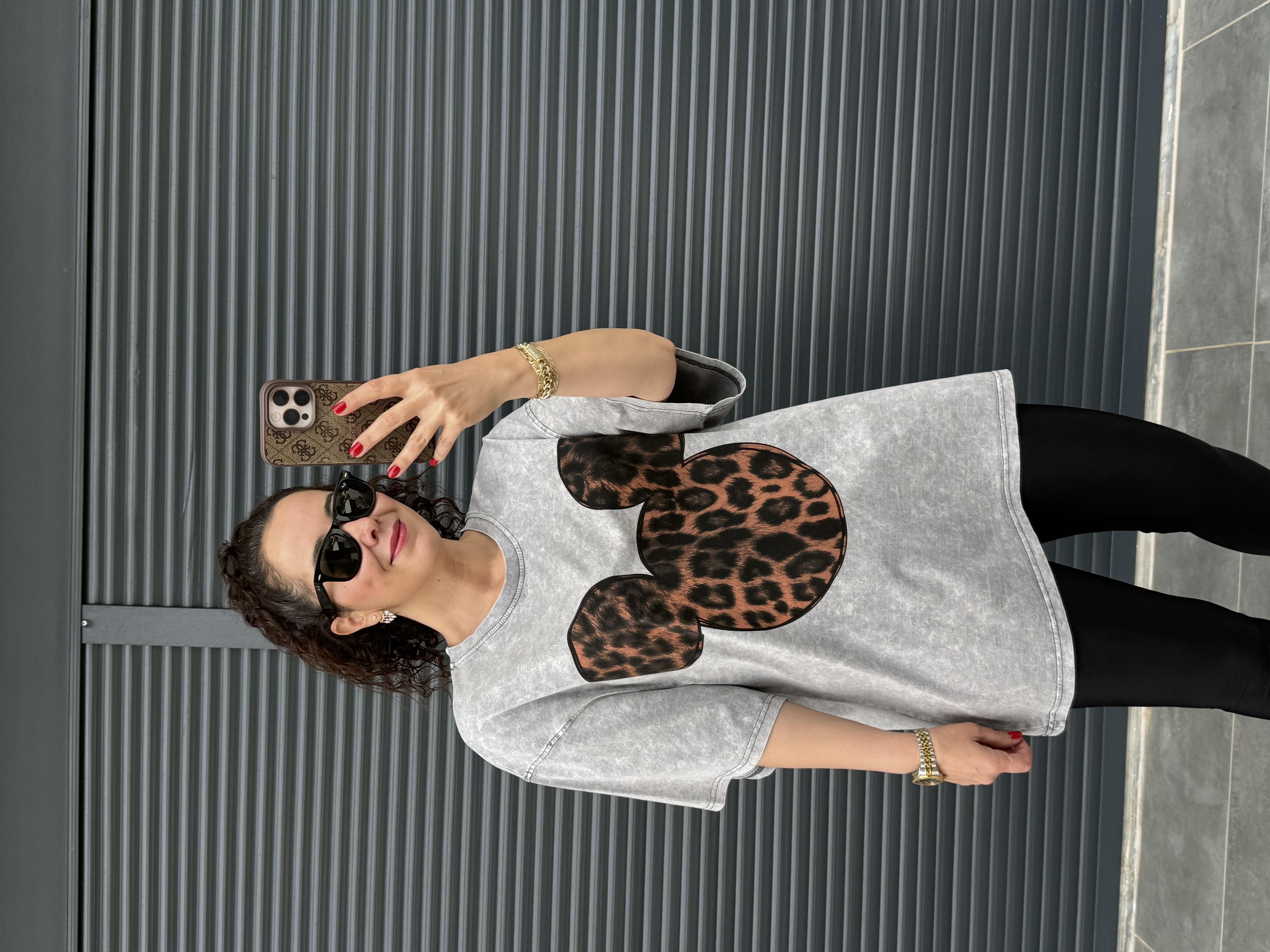 Mickey Leopar Eskitme Oversize T-shirt