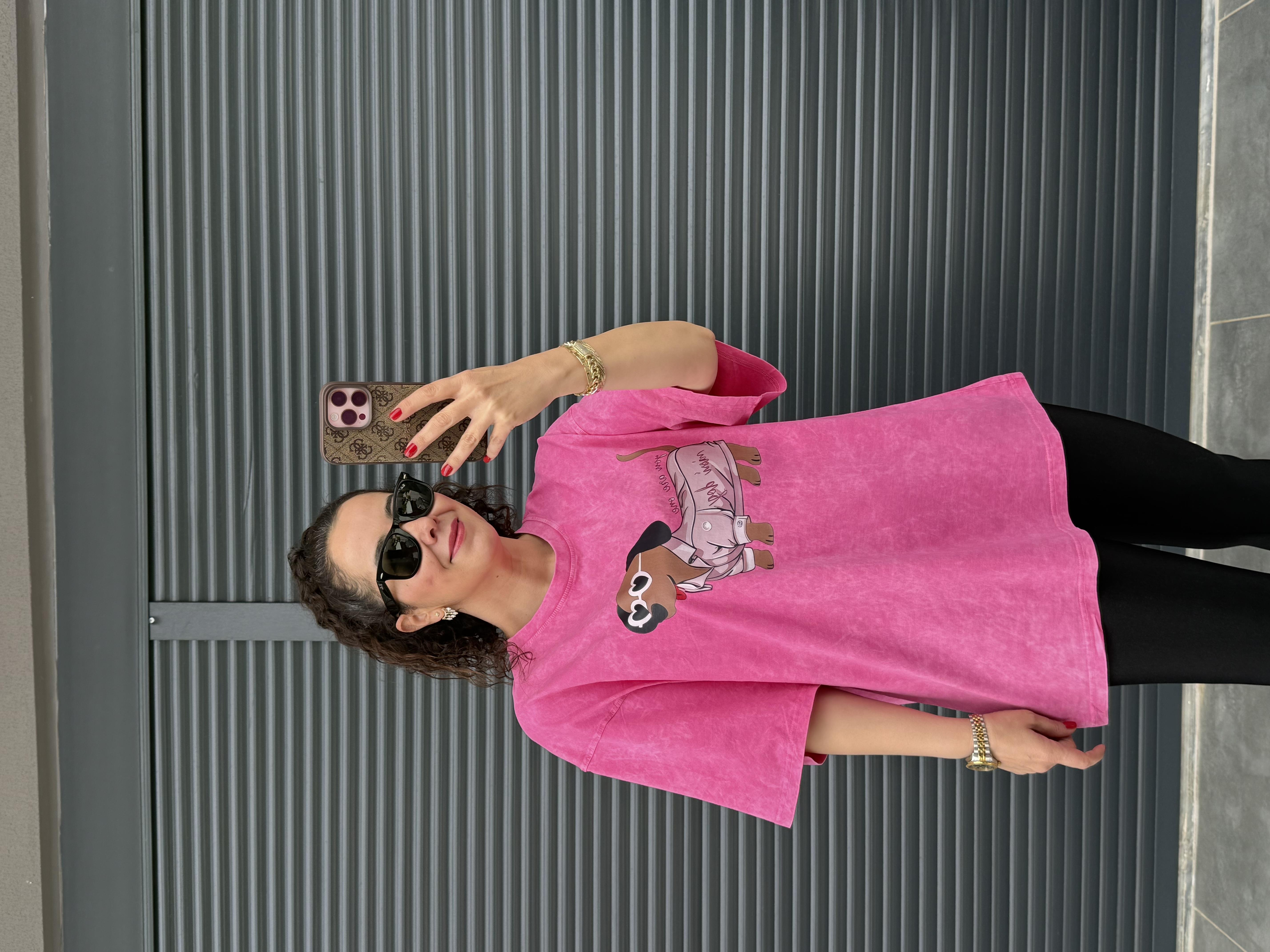 Mini Dog Eskitme Oversize T-shirt Pembe