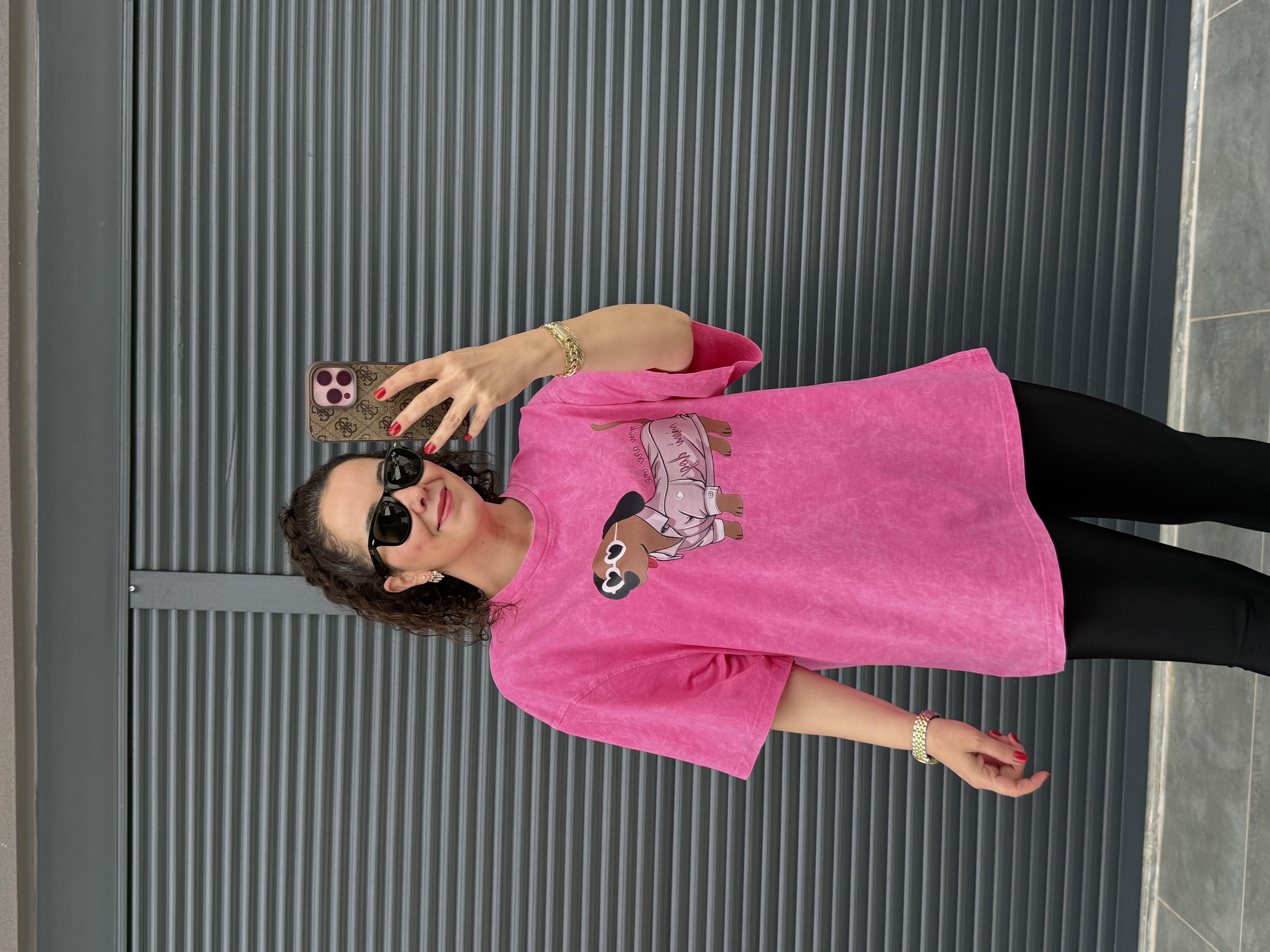 Mini Dog Eskitme Oversize T-shirt Pembe