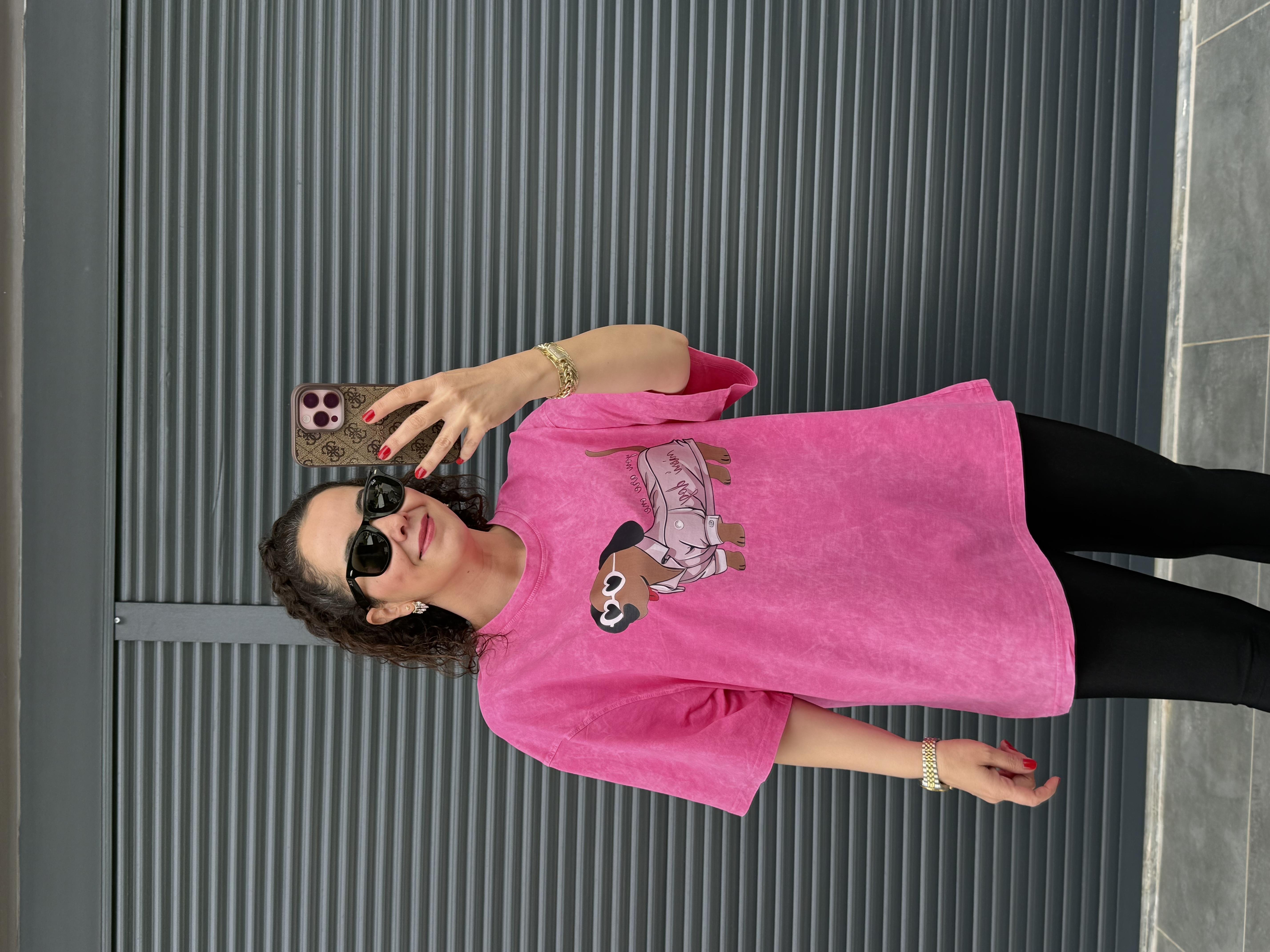 Mini Dog Eskitme Oversize T-shirt Pembe
